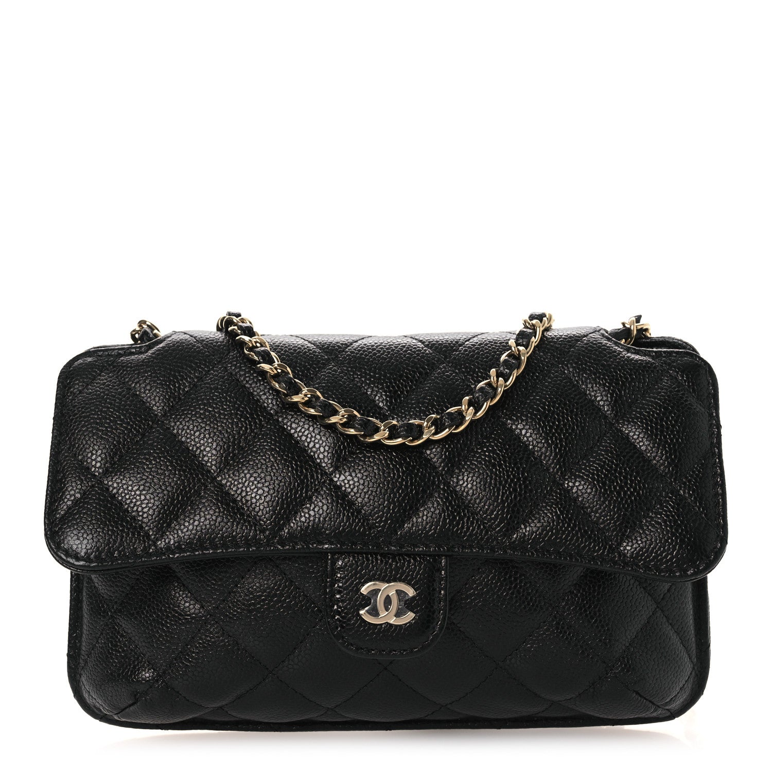 Chanel Caviar Fabric Foldable Tote Bag With Chain Black Multicolor