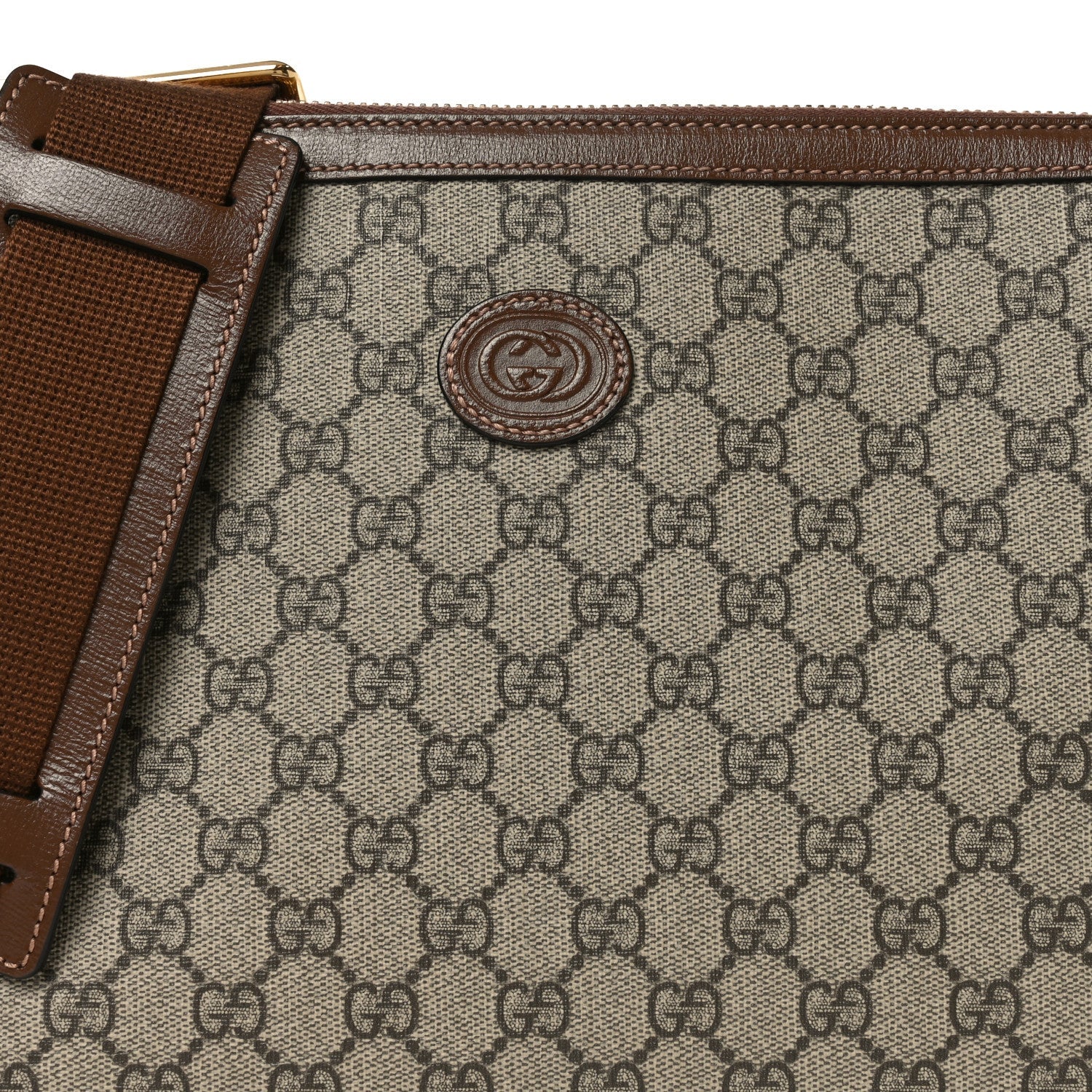 Gucci GG Supreme Monogram Azalea Calfskin Retro Interlocking G Wristlet Messenger Bag Beige Ebony Brown Sugar