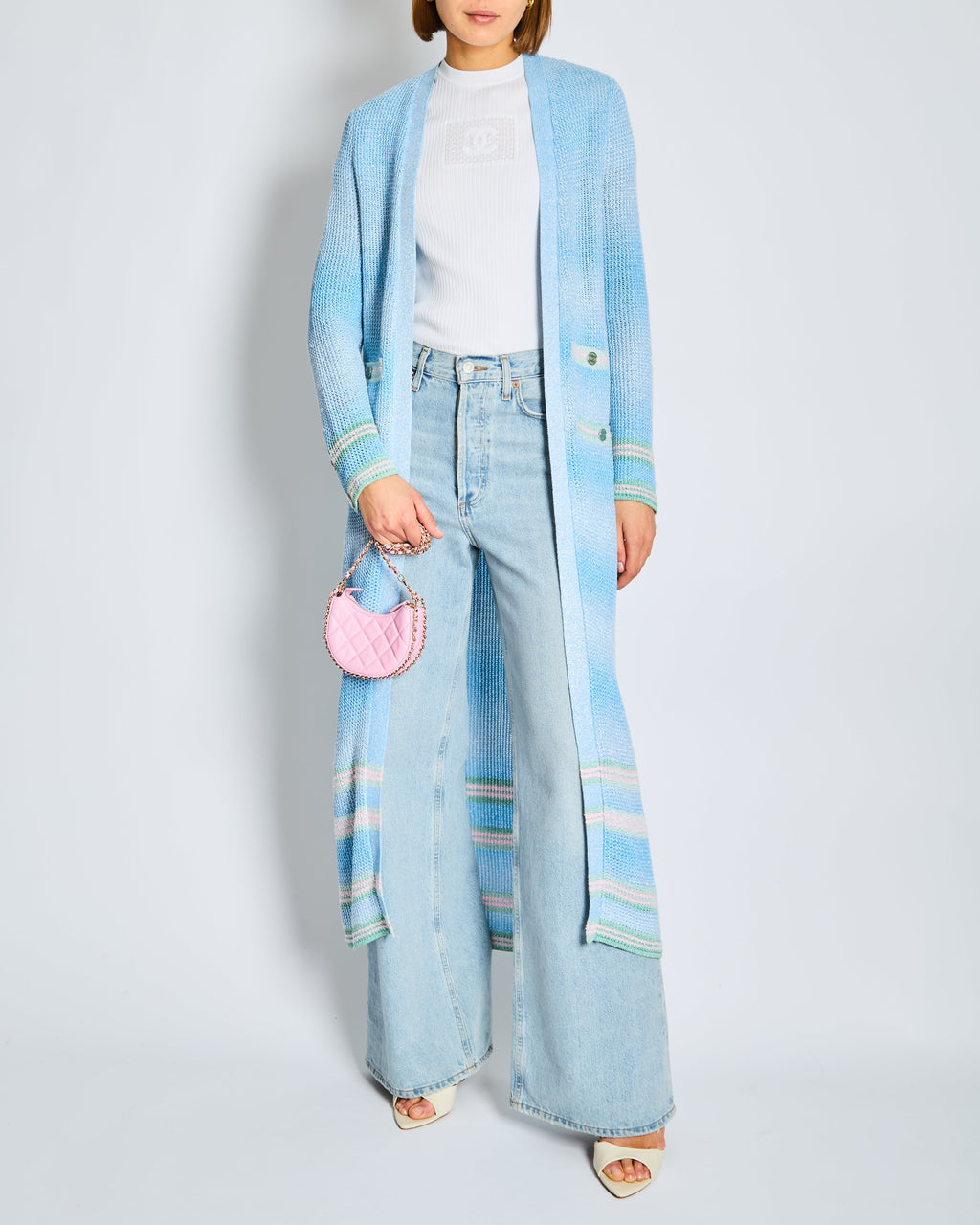 Chanel 23/S Blue Long-line Striped Knitted Cardigan with Green and Pink Trim and CC Button Detail Size