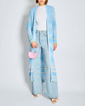 Chanel 23/S Blue Long-line Striped Knitted Cardigan with Green and Pink Trim and CC Button Detail Size