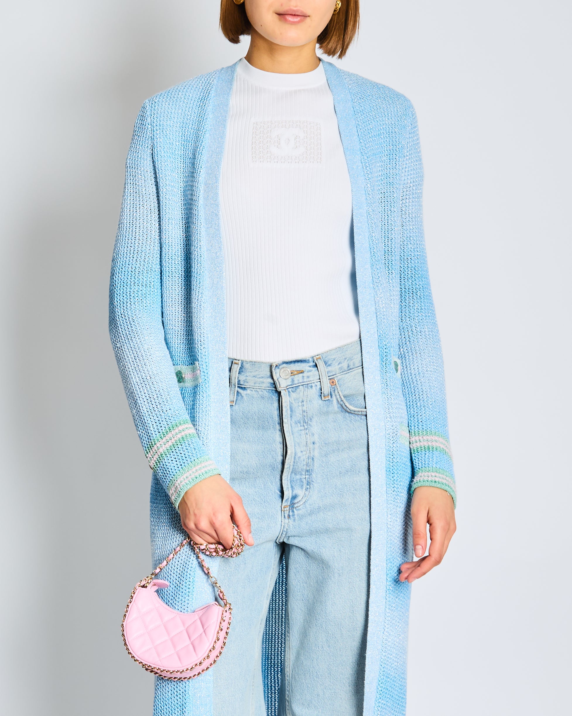 Chanel 23/S Blue Long-line Striped Knitted Cardigan with Green and Pink Trim and CC Button Detail Size