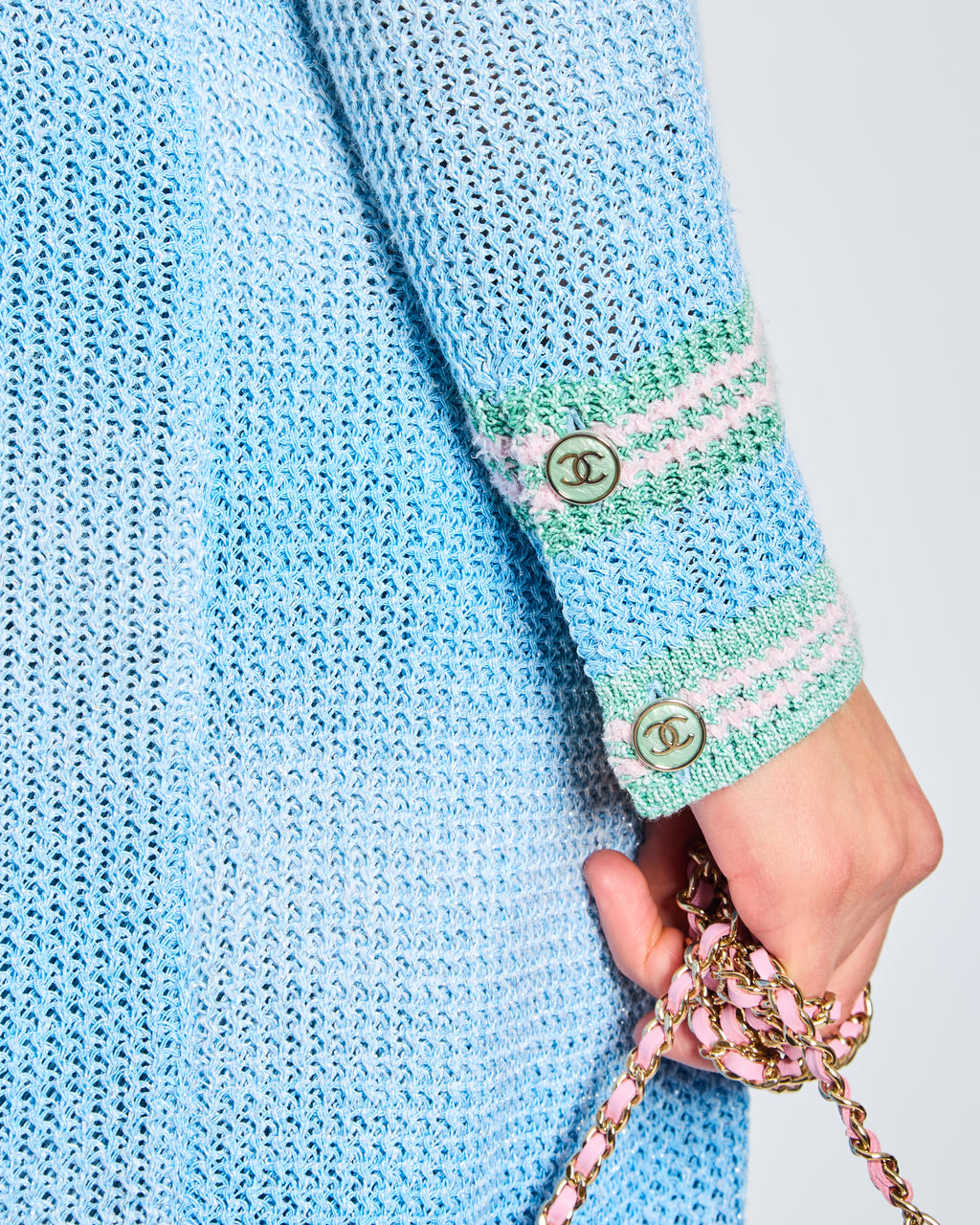 Chanel 23/S Blue Long-line Striped Knitted Cardigan with Green and Pink Trim and CC Button Detail Size