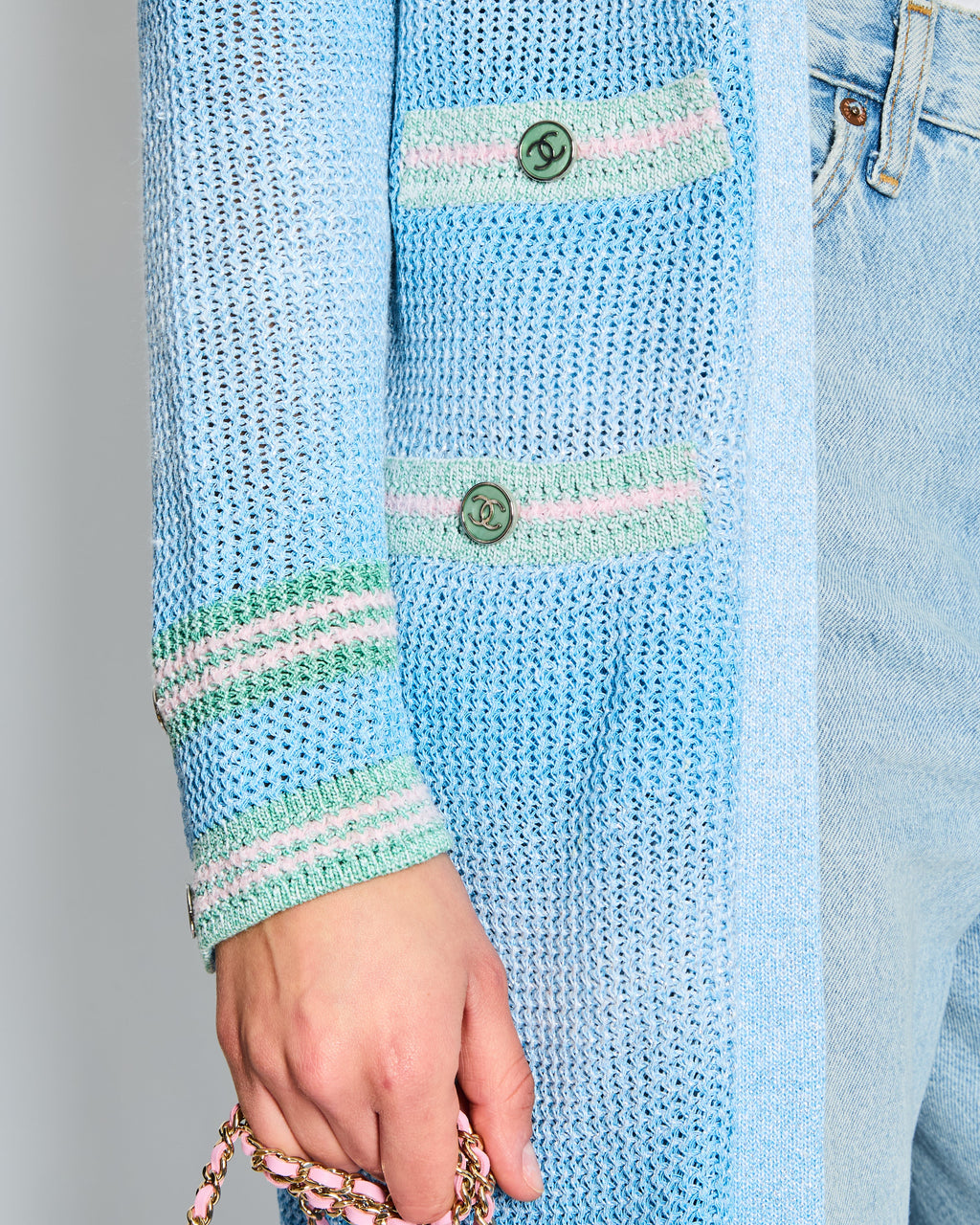 Chanel 23/S Blue Long-line Striped Knitted Cardigan with Green and Pink Trim and CC Button Detail Size