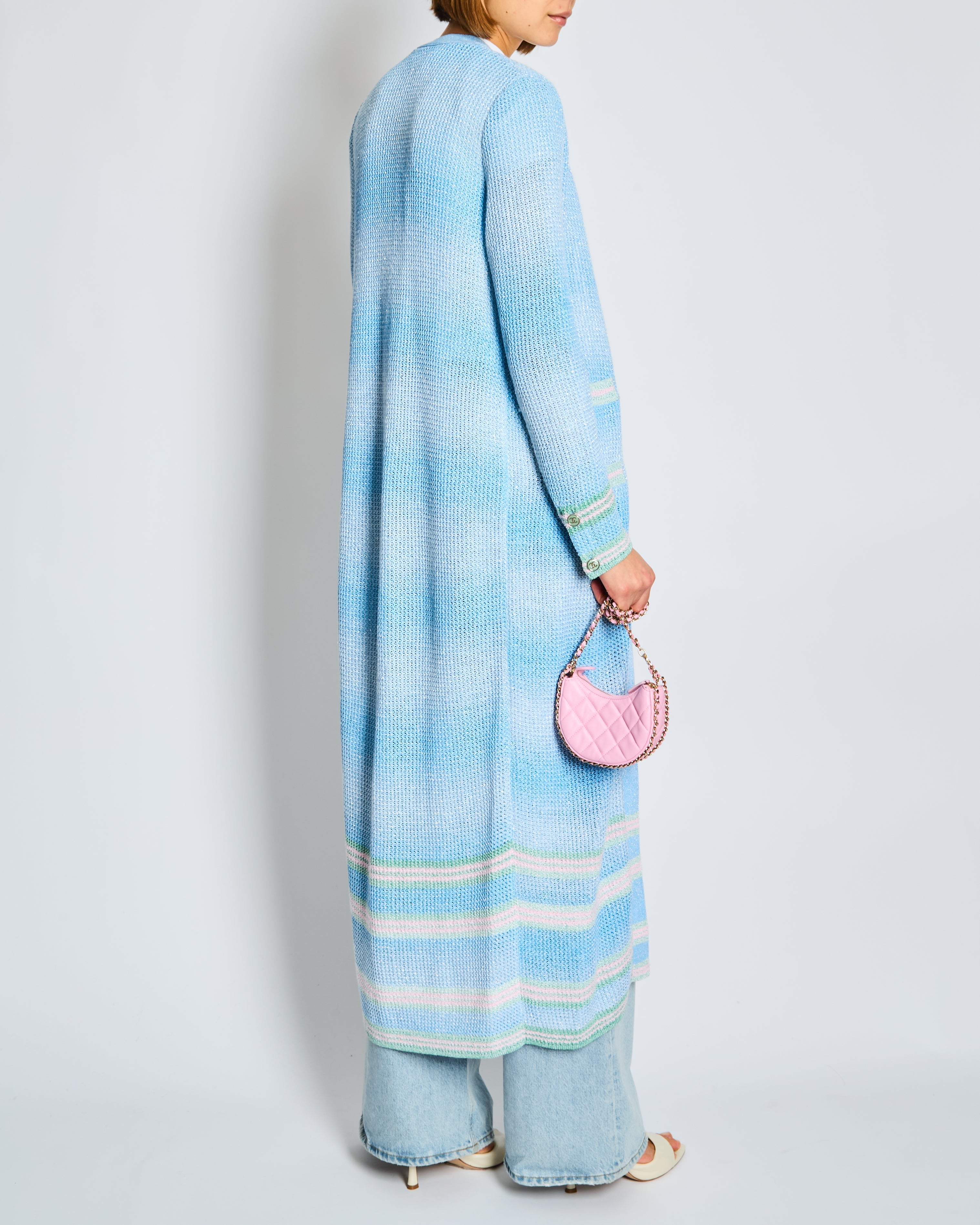 Chanel 23/S Blue Long-line Striped Knitted Cardigan with Green and Pink Trim and CC Button Detail Size