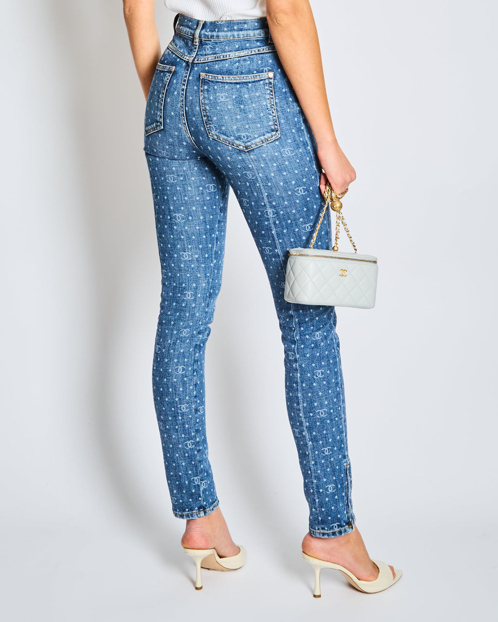 Chanel 23/P Blue Denim Skinny Jeans with CC Logo Print and Zip Hem Detail Size FR 34 Size UK 6
