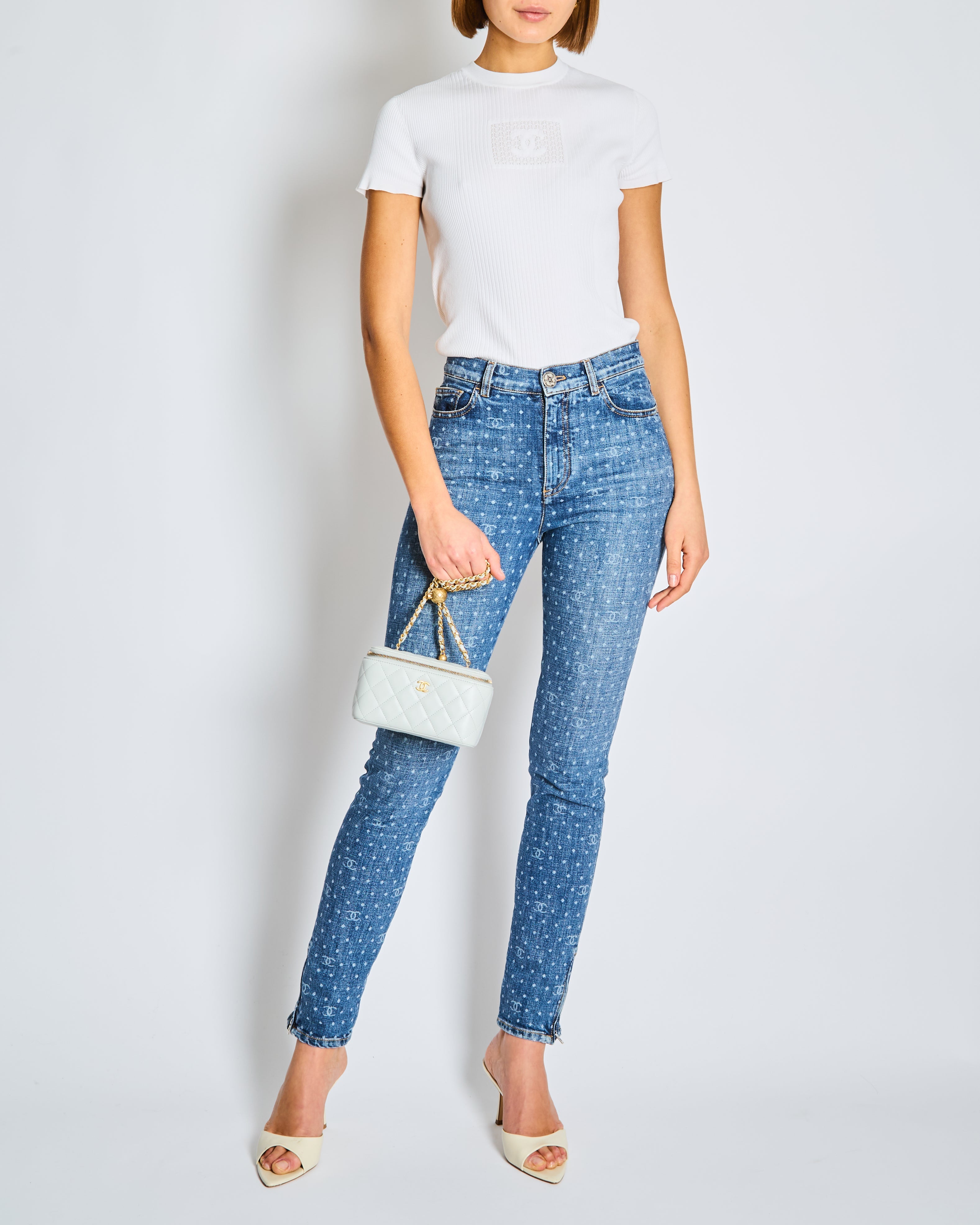 Chanel 23/P Blue Denim Skinny Jeans with CC Logo Print and Zip Hem Detail Size FR 34 Size UK 6