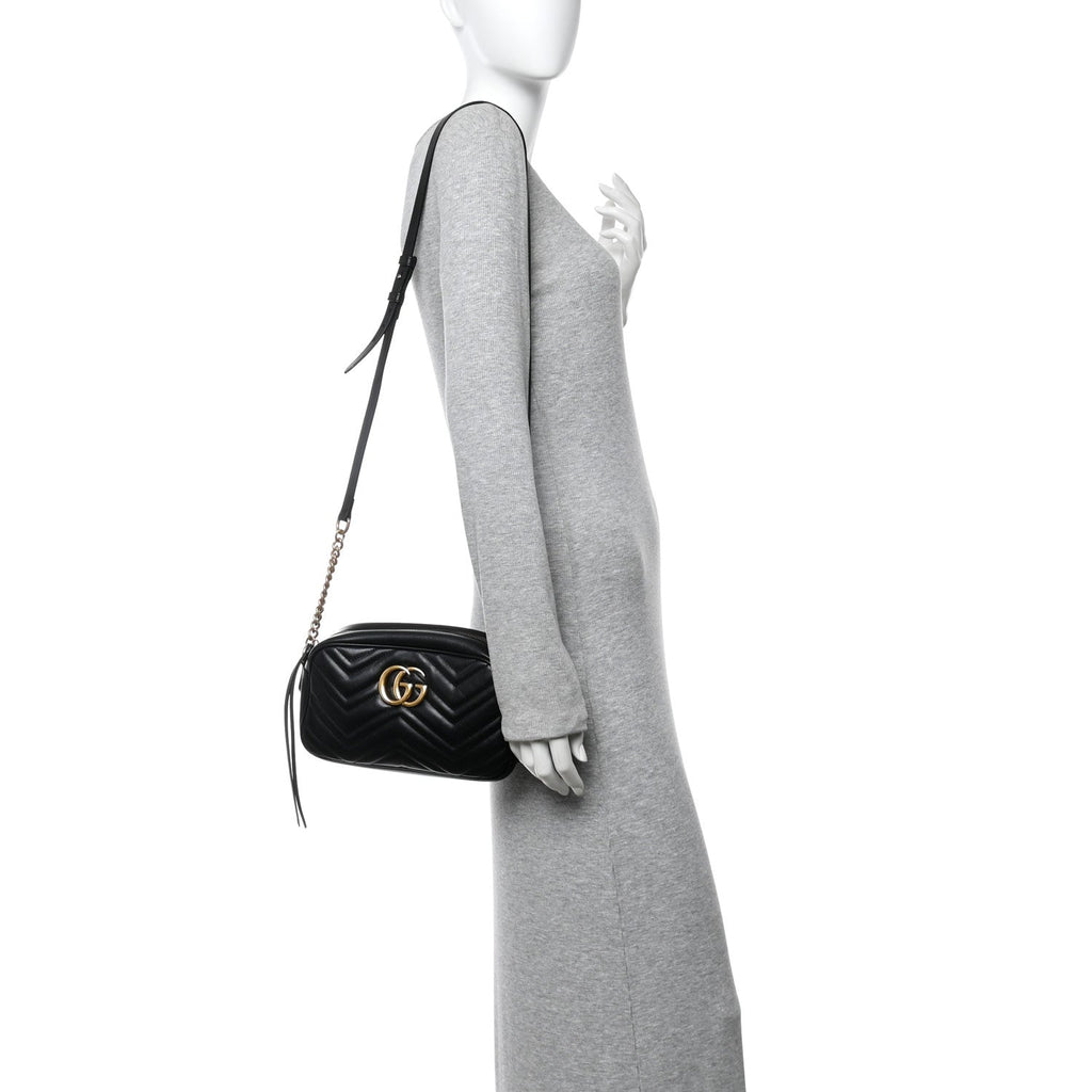 Gucci Calfskin Matelasse Small GG Marmont Chain Shoulder Bag Black