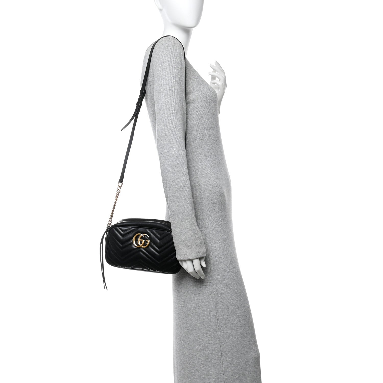 Gucci Calfskin Matelasse Small GG Marmont Chain Shoulder Bag Black