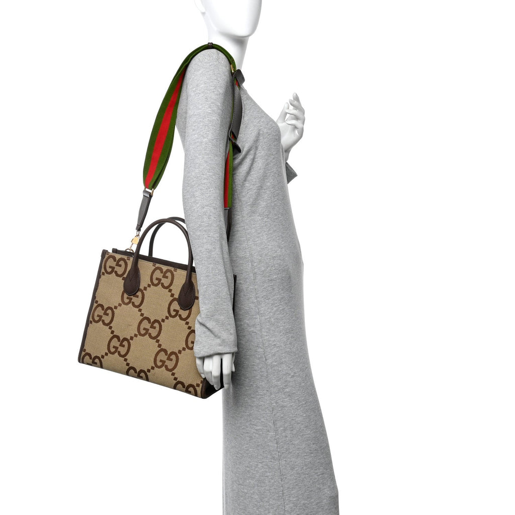 Gucci Monogram Jumbo GG Textured Dollar Calfskin Web Small Tote Bag Camel Ebony New Acero