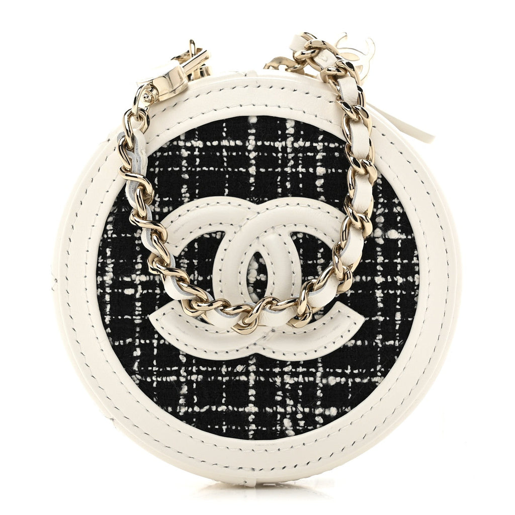 Chanel Tweed Quilted Round Filigree Pouch With Chain White Black