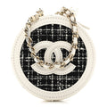 Chanel Tweed Quilted Round Filigree Pouch With Chain White Black
