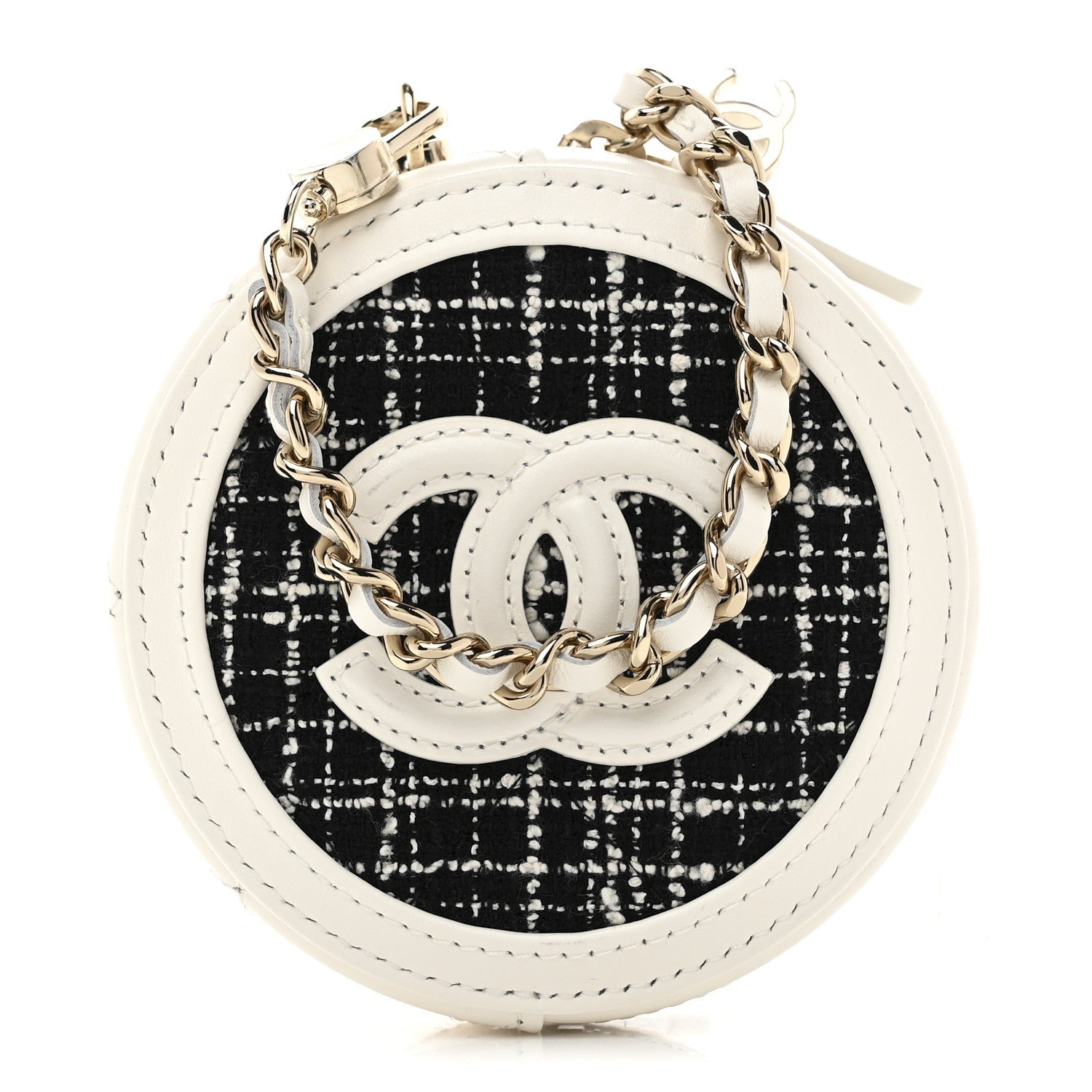 Chanel Tweed Quilted Round Filigree Pouch With Chain White Black