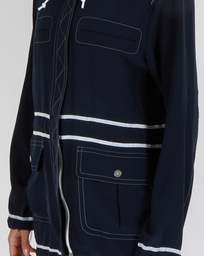 Chanel Navy and White Silk Hooded Jacket with Stitch Details and Drawstrings with Silver CC Logo Buttons Size FR 36 (UK 8)