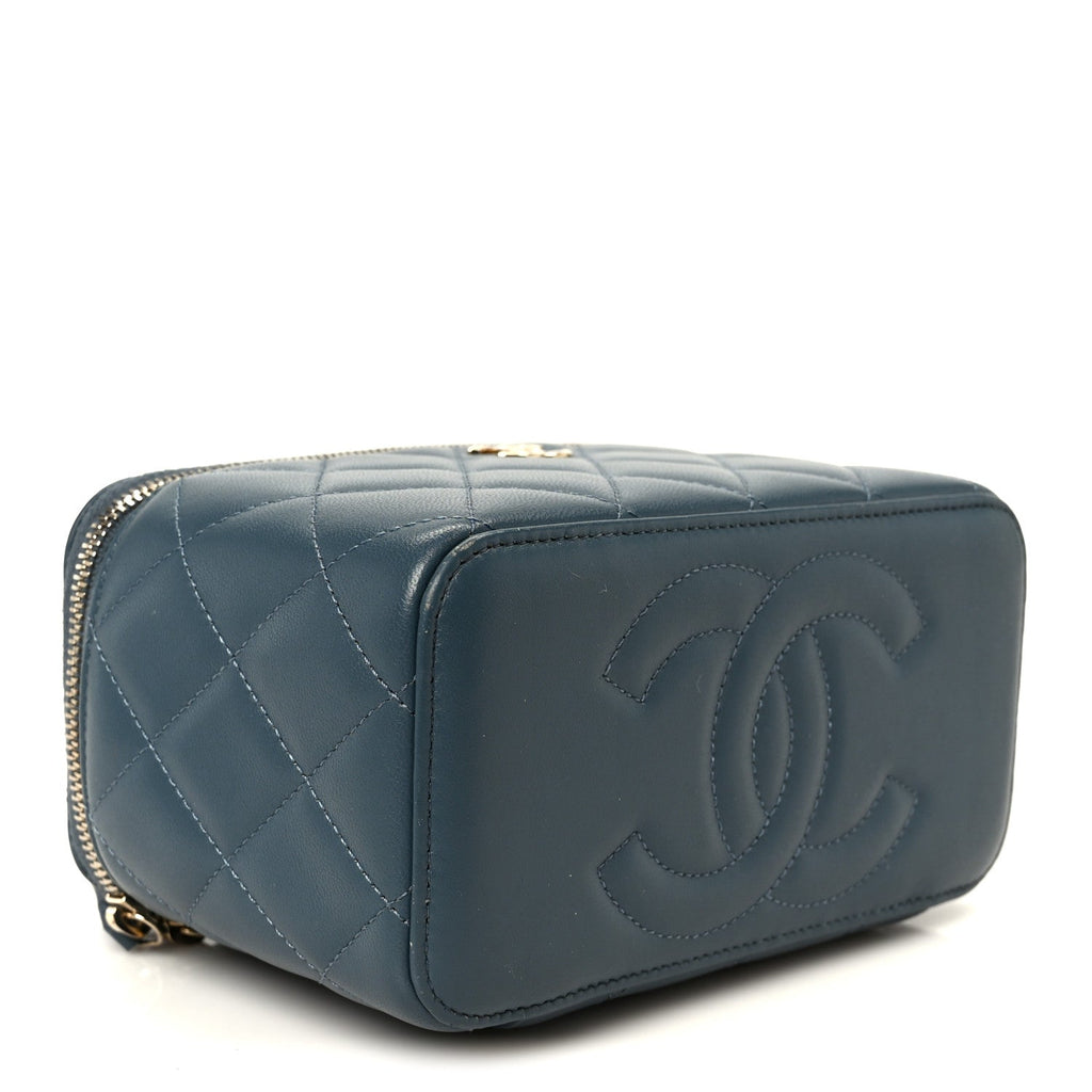 Chanel Lambskin Quilted Small Top Handle Vanity Case With Chain Blue