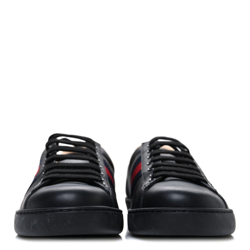 Gucci Miro Soft Calfskin Laminated Ayers Web Bee Embroidered Mens Ace Sneakers 6 Black Red Flame Night