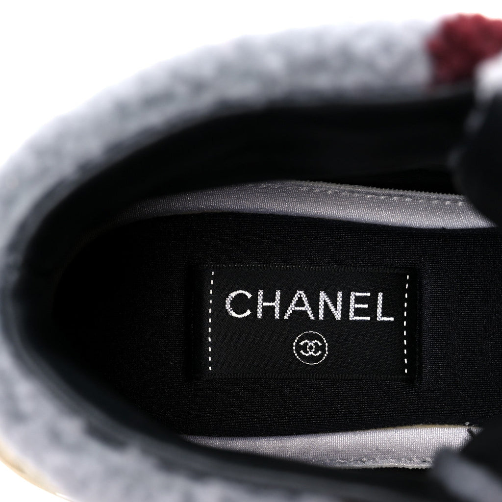 Chanel Shearling Suede CC High Top Sneakers 39 Grey Pink Burgundy