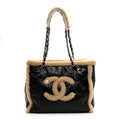 Chanel Shiny Crumpled Sheepskin Shearling CC Mania Tote Bag Black Beige