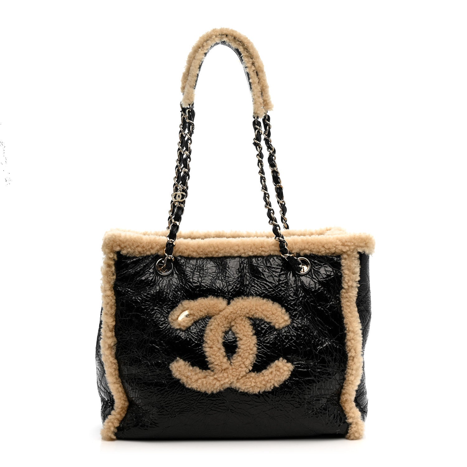 Chanel Shiny Crumpled Sheepskin Shearling CC Mania Tote Bag Black Beige