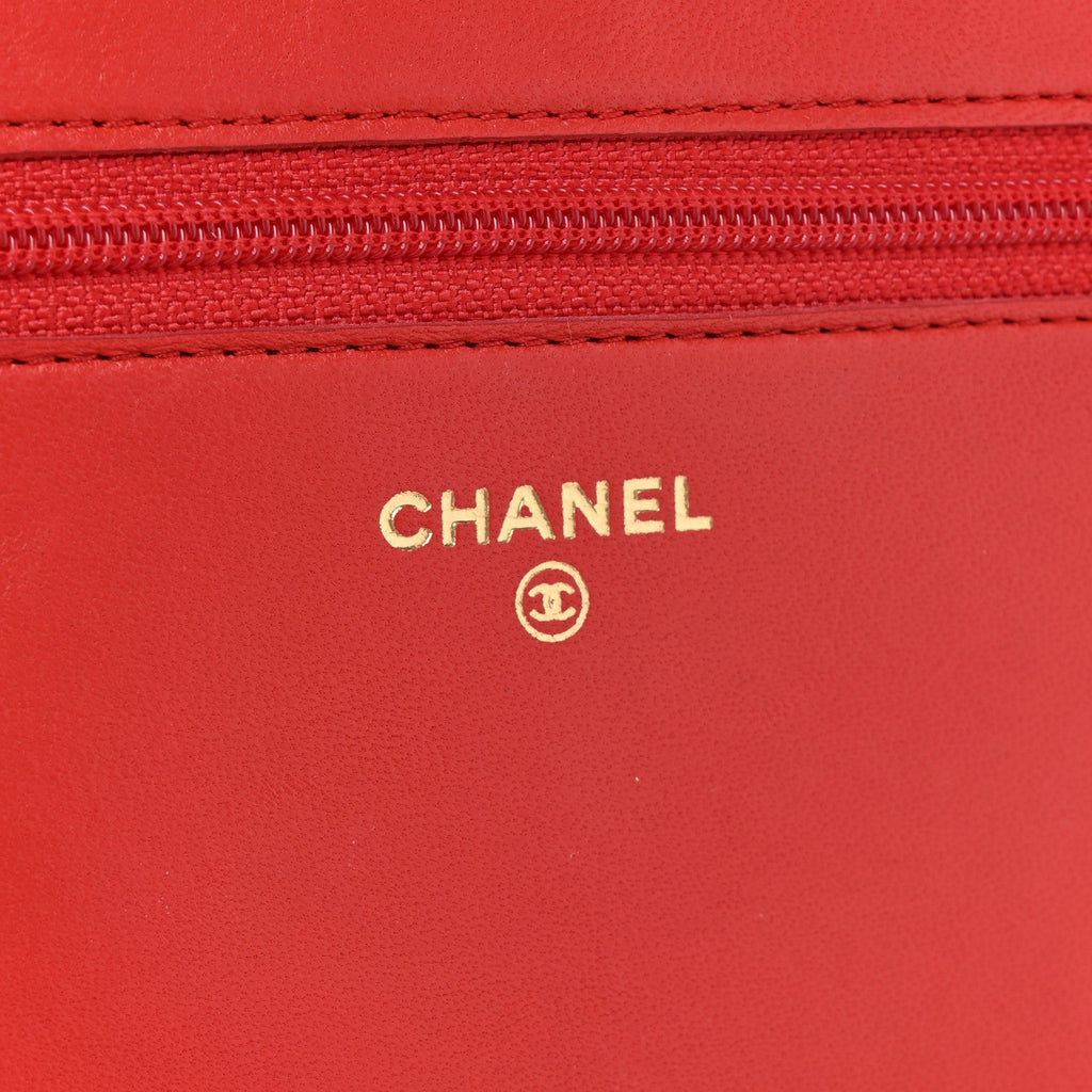 Chanel Lambskin Quilted Boy Wallet On Chain WOC Red