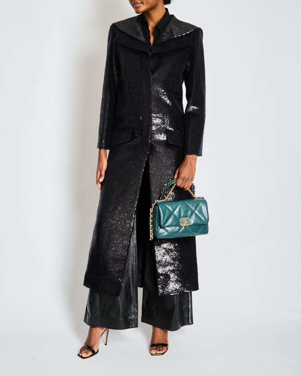 Chanel 2018 Metiers d'Art Black Sequin Maxi Pea Coat with Logo Detail Ruthenium Buttons Size FR 34 (UK 6)