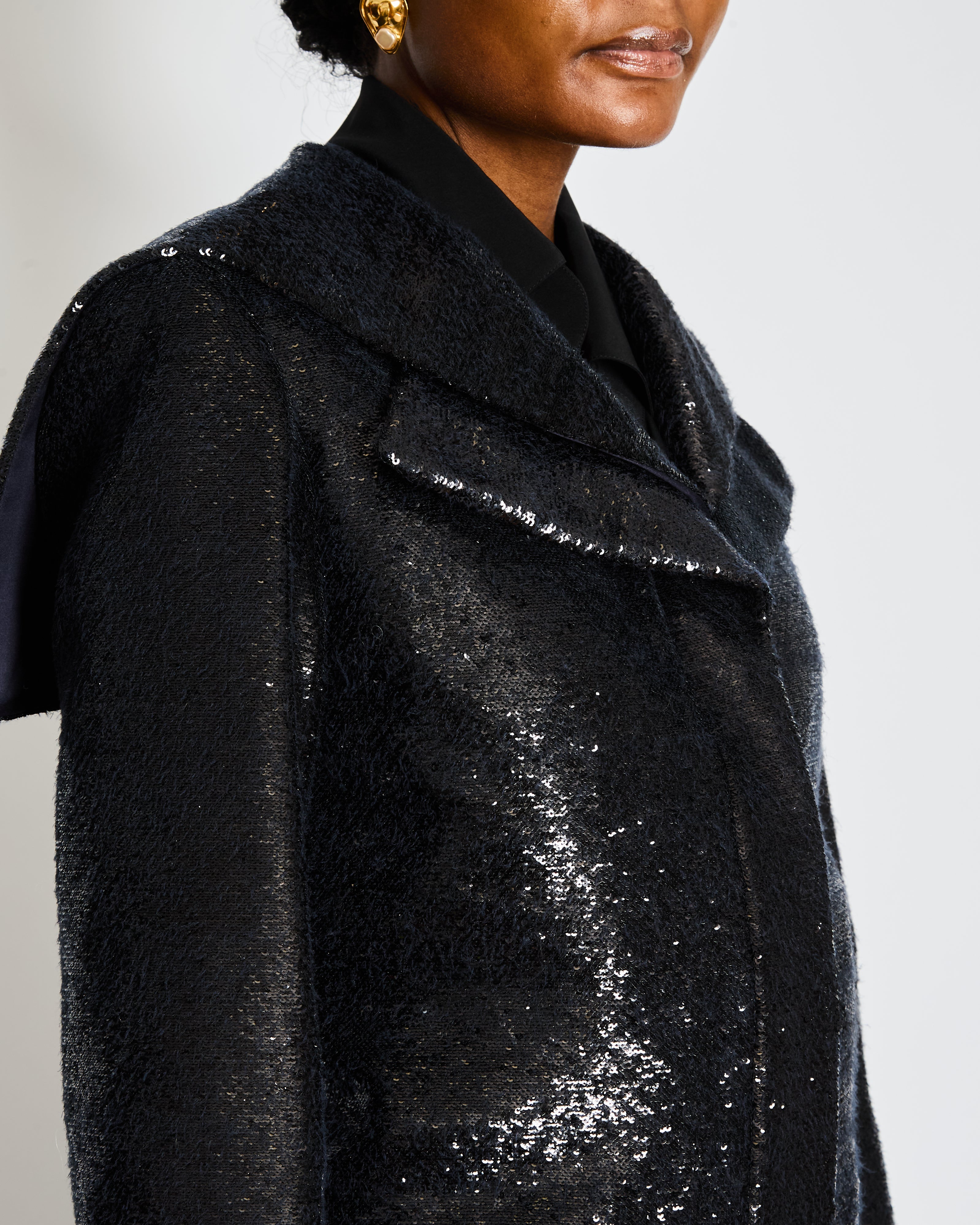 Chanel 2018 Metiers d'Art Black Sequin Maxi Pea Coat with Logo Detail Ruthenium Buttons Size FR 34 (UK 6)
