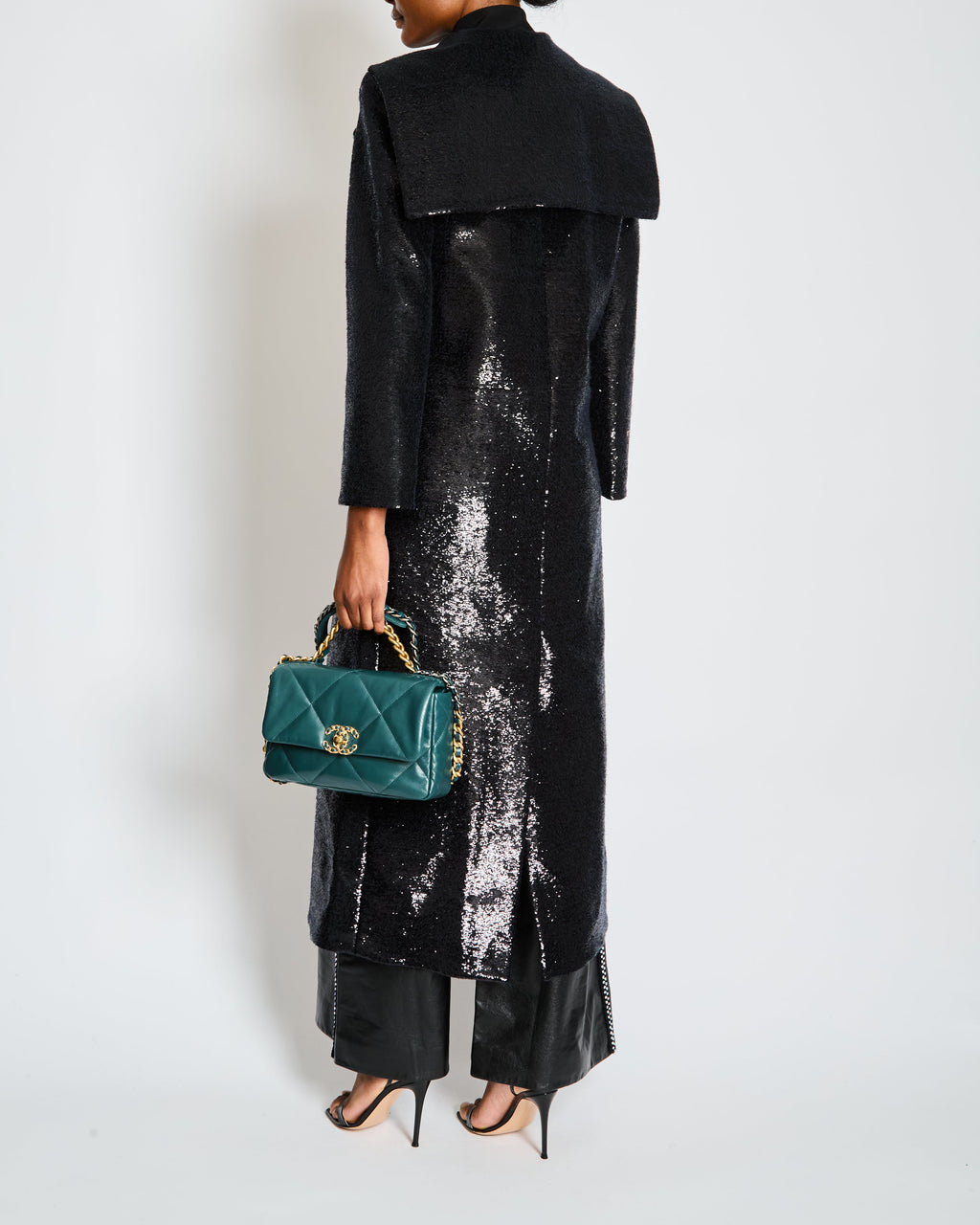 Chanel 2018 Metiers d'Art Black Sequin Maxi Pea Coat with Logo Detail Ruthenium Buttons Size FR 34 (UK 6)