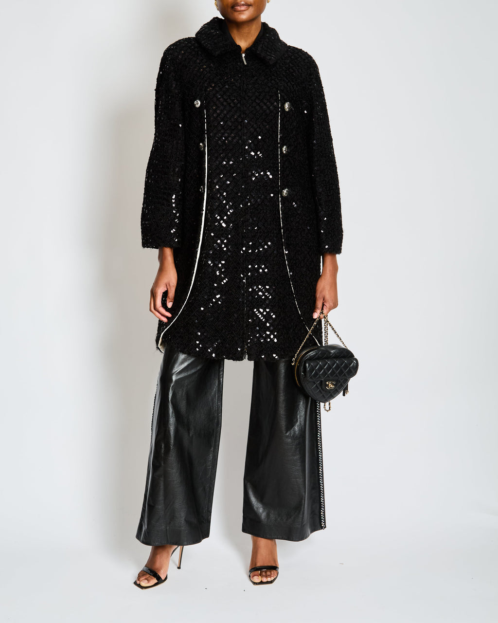 Chanel Fall 2014 Black Tweed and Sequin Knee Length Jacket with Collar and Camellia Detail Buttons and Cream Silk Panels Size FR 36 (UK 8)