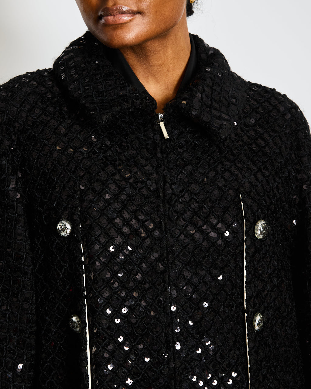 Chanel Fall 2014 Black Tweed and Sequin Knee Length Jacket with Collar and Camellia Detail Buttons and Cream Silk Panels Size FR 36 (UK 8)