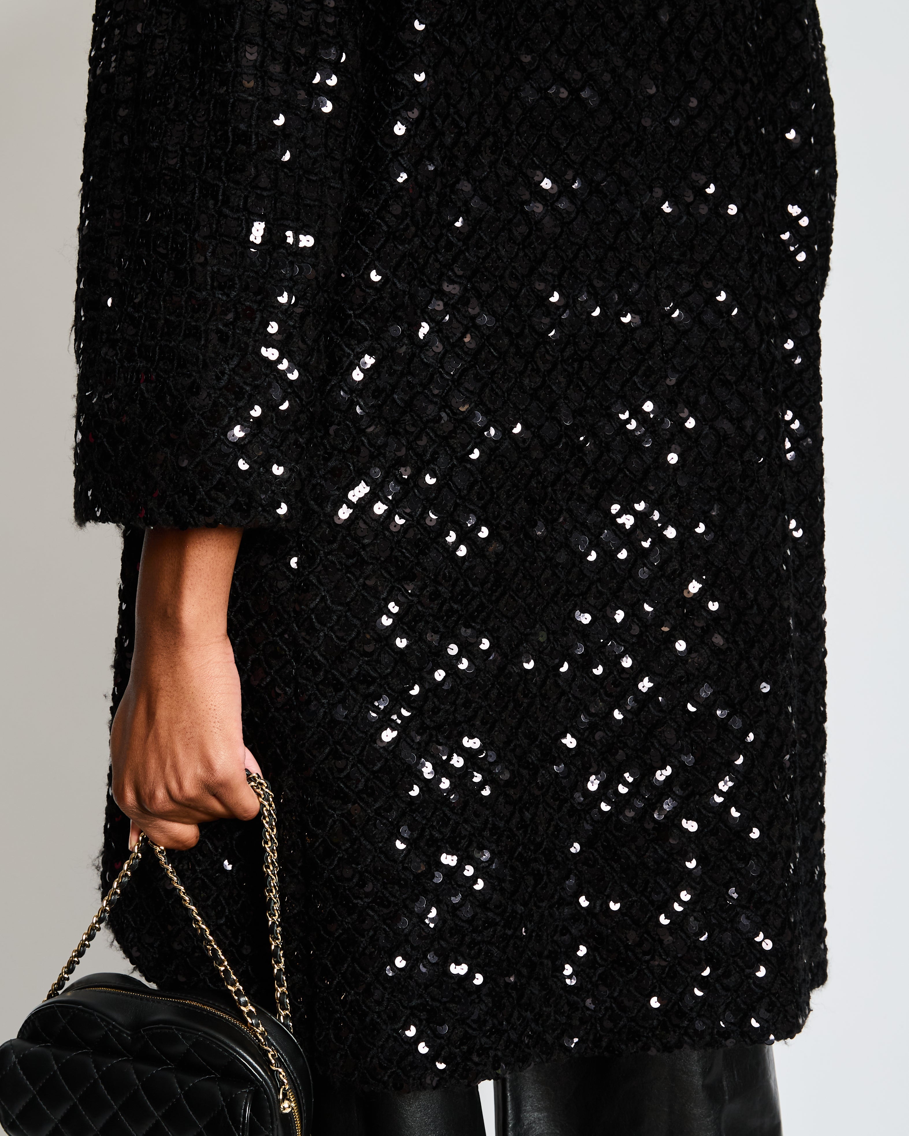Chanel Fall 2014 Black Tweed and Sequin Knee Length Jacket with Collar and Camellia Detail Buttons and Cream Silk Panels Size FR 36 (UK 8)