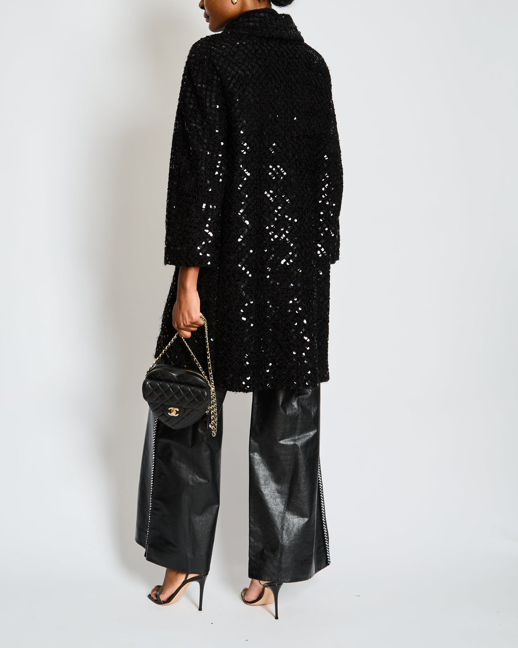 Chanel Fall 2014 Black Tweed and Sequin Knee Length Jacket with Collar and Camellia Detail Buttons and Cream Silk Panels Size FR 36 (UK 8)