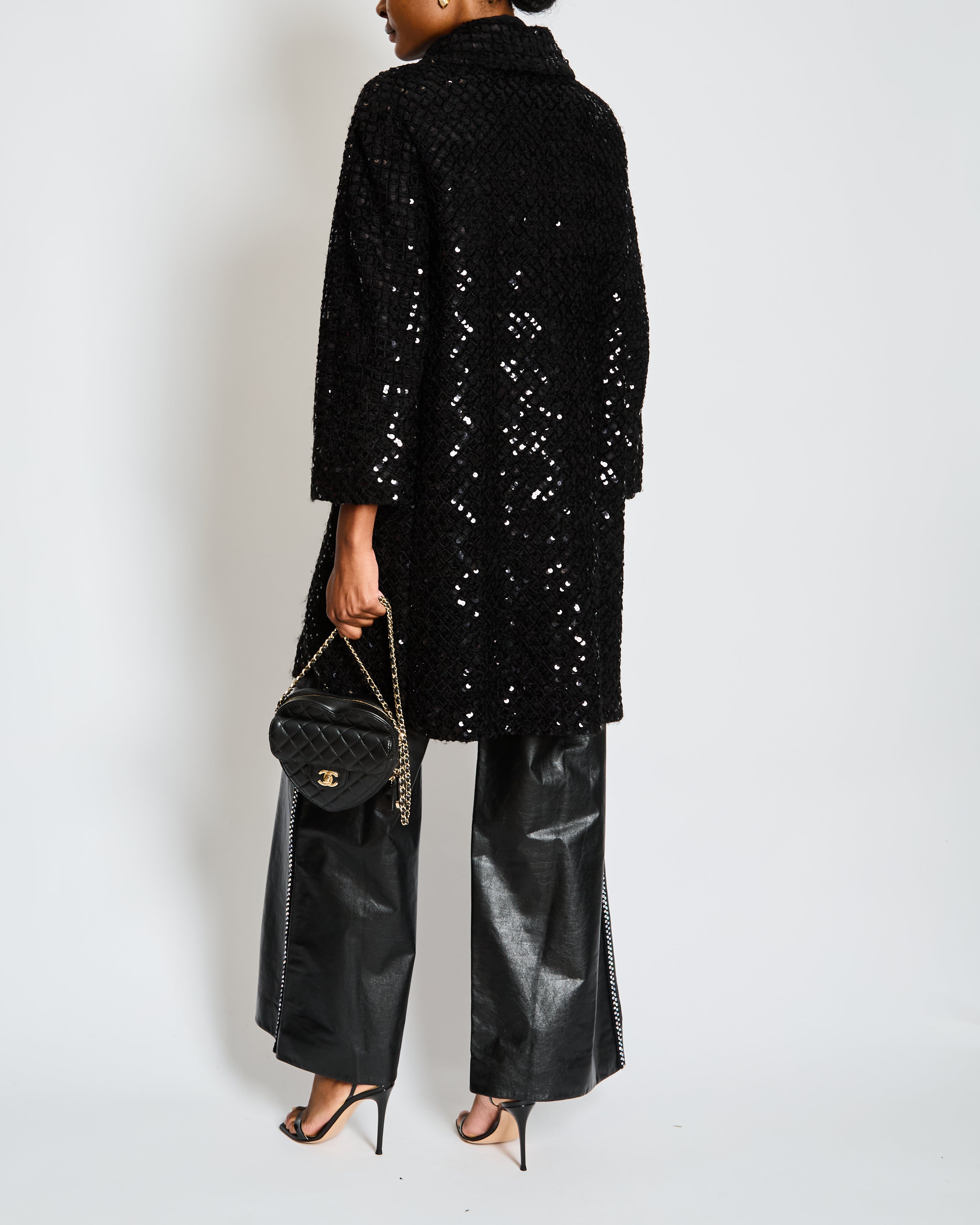Chanel Fall 2014 Black Tweed and Sequin Knee Length Jacket with Collar and Camellia Detail Buttons and Cream Silk Panels Size FR 36 (UK 8)