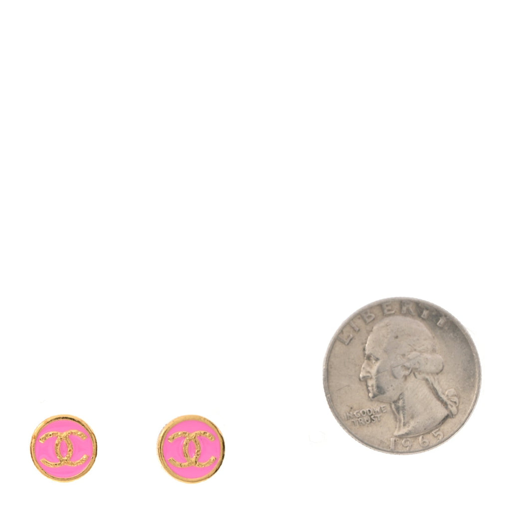 Metal Enamel CC Round Earrings Gold Pink