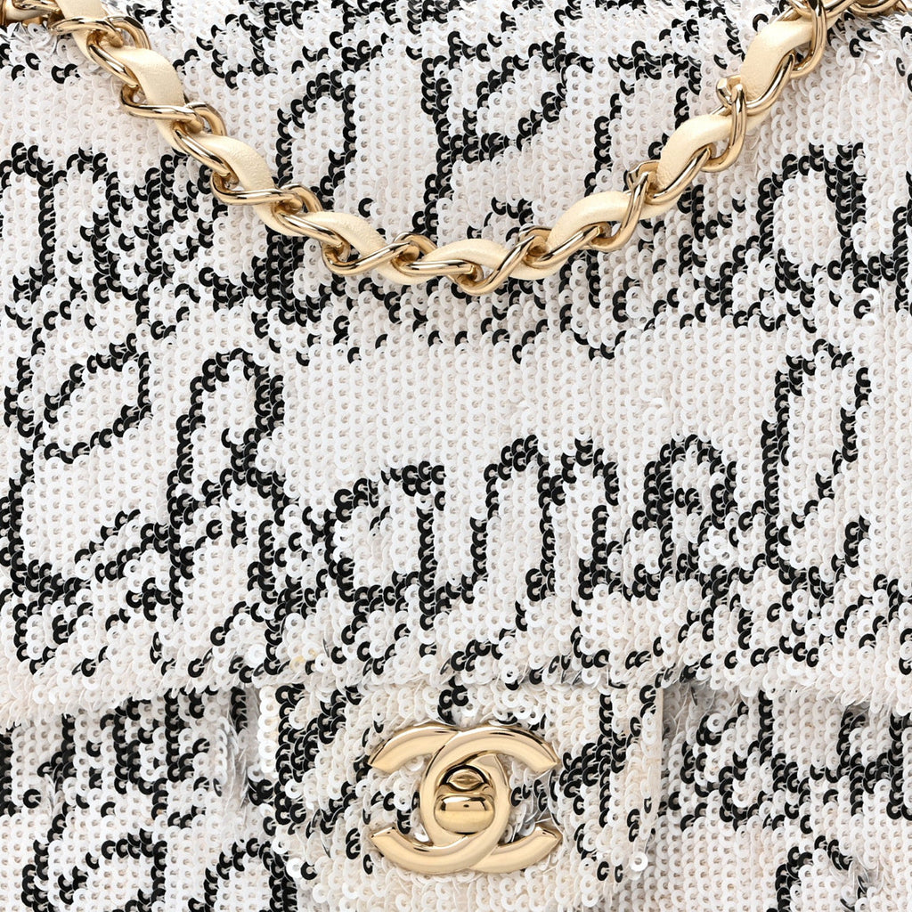 Chanel Sequin Logo Medium Flap White Black