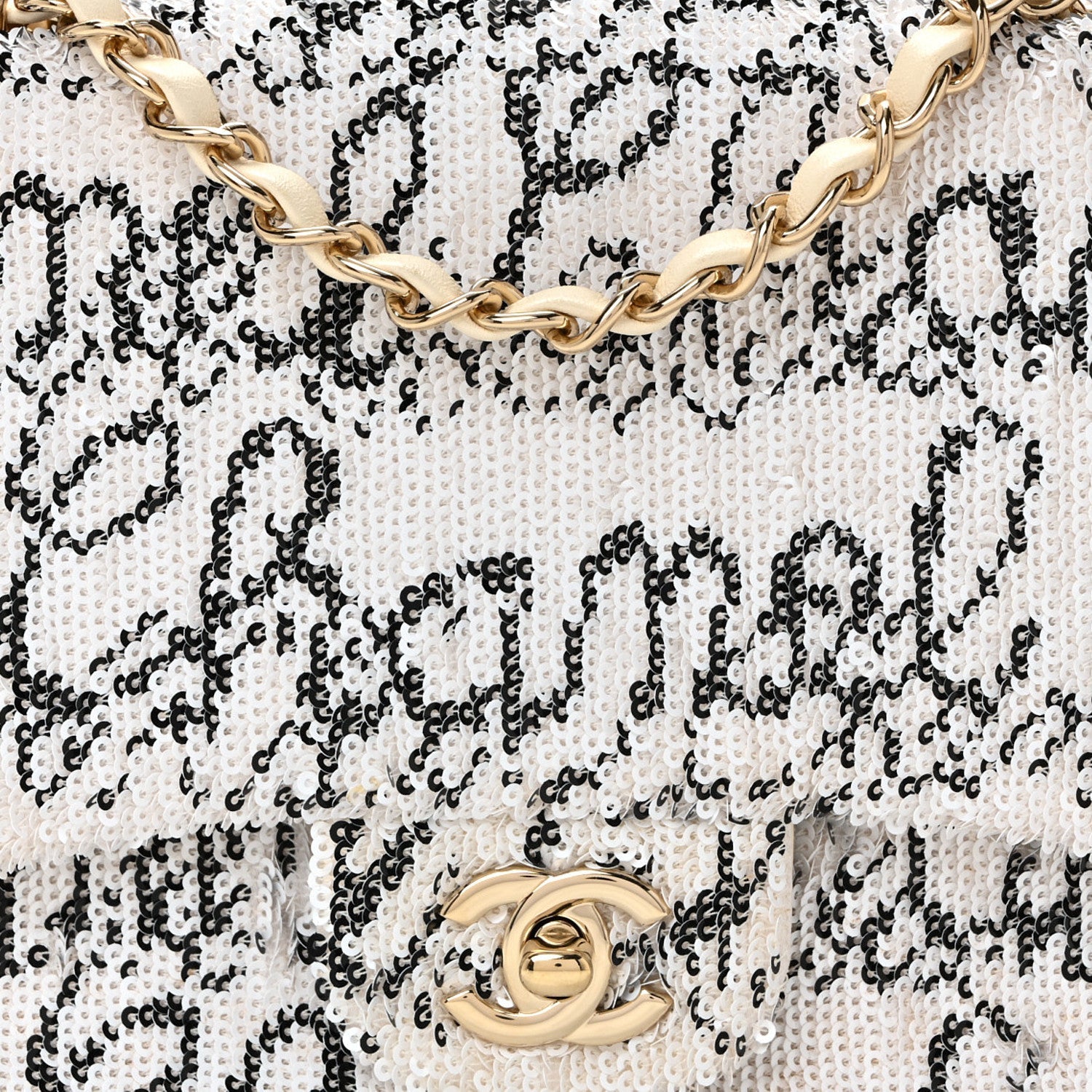 Chanel Sequin Logo Medium Flap White Black