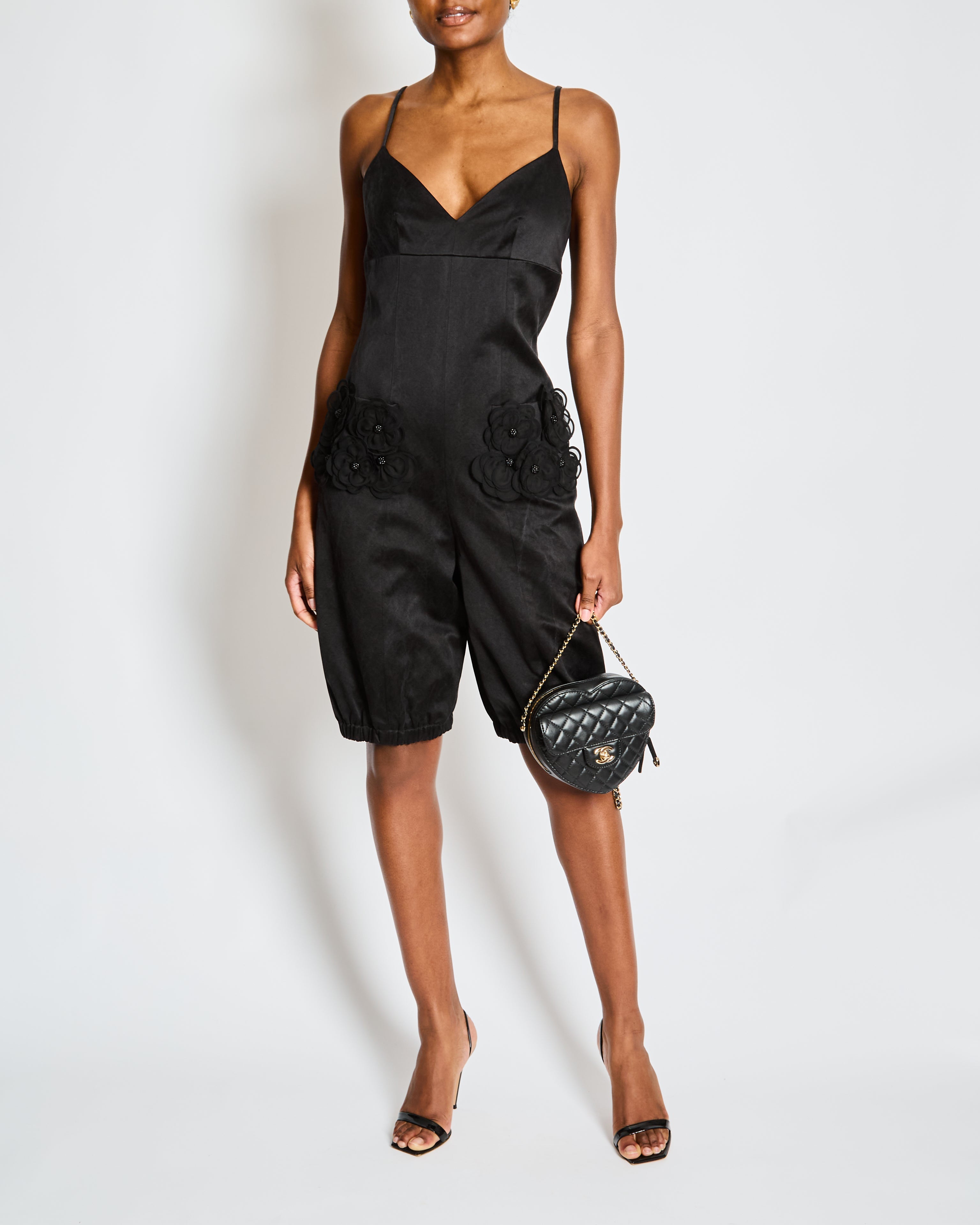 Chanel Fall 2023 Black Strappy Playsuit with 3D Camellia Flower Pocket Detail Size FR 36 (UK 8)