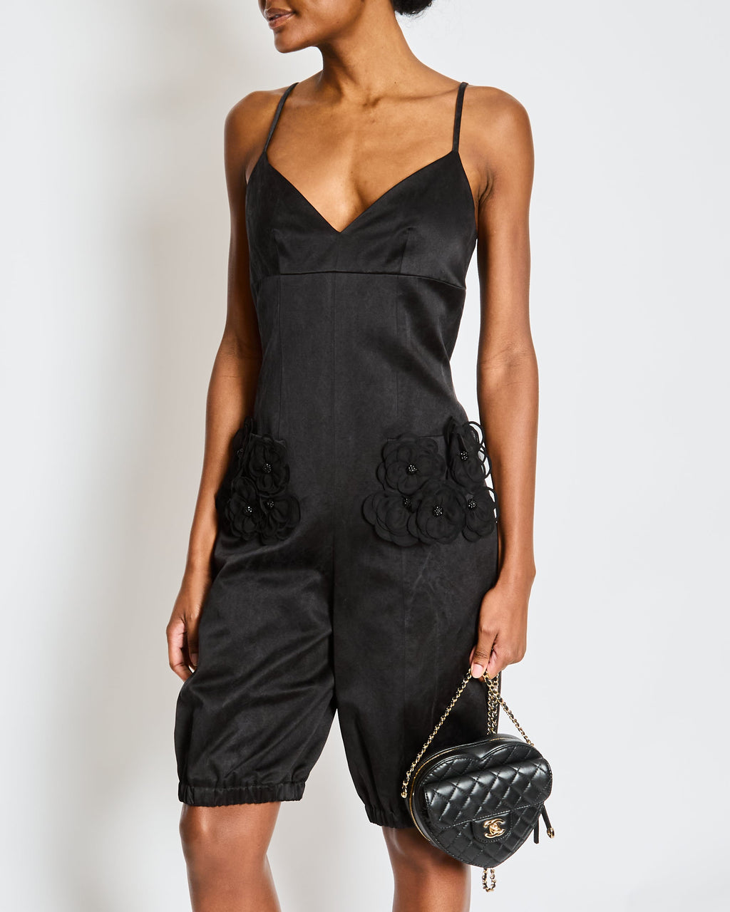 Chanel Fall 2023 Black Strappy Playsuit with 3D Camellia Flower Pocket Detail Size FR 36 (UK 8)