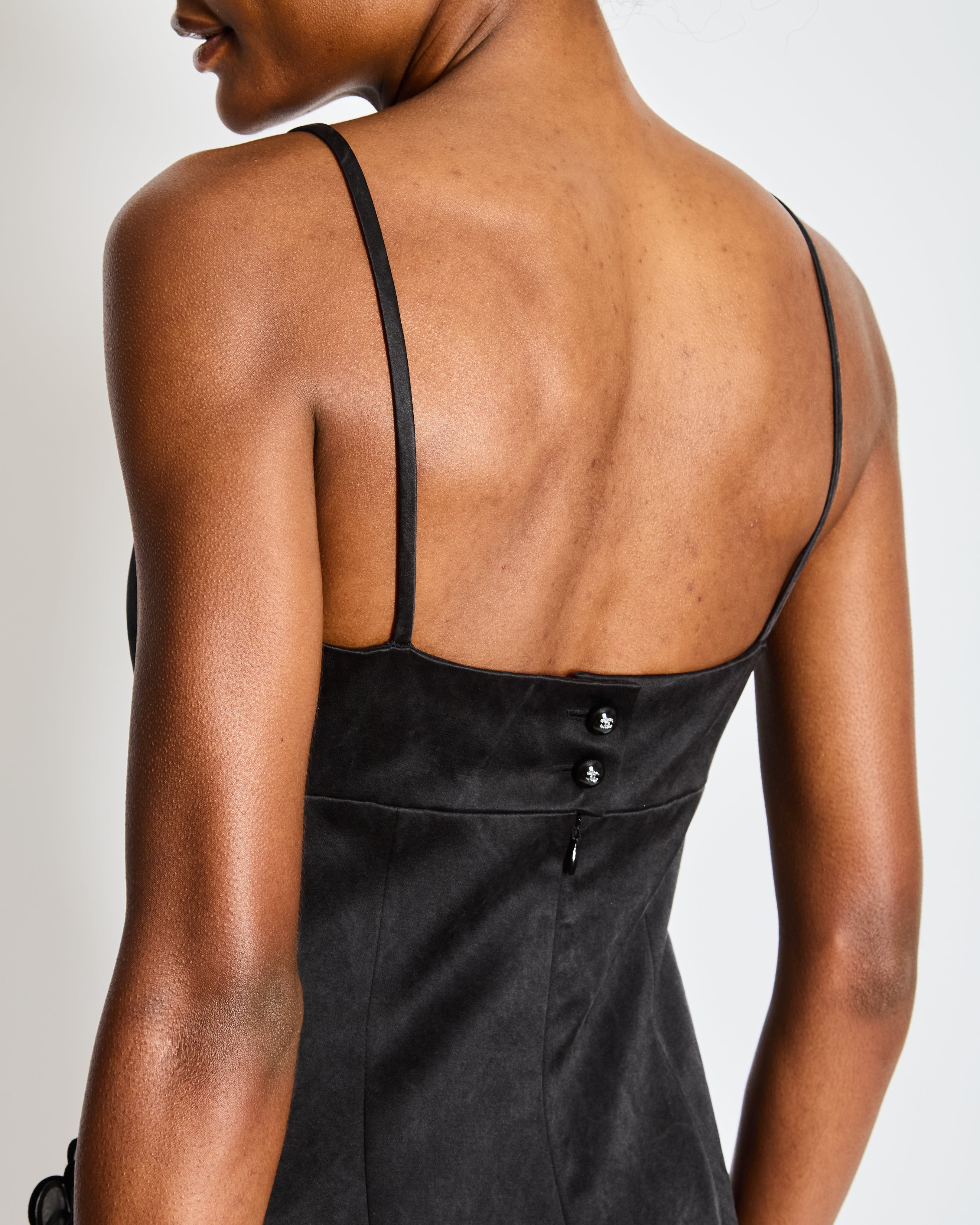 Chanel Fall 2023 Black Strappy Playsuit with 3D Camellia Flower Pocket Detail Size FR 36 (UK 8)
