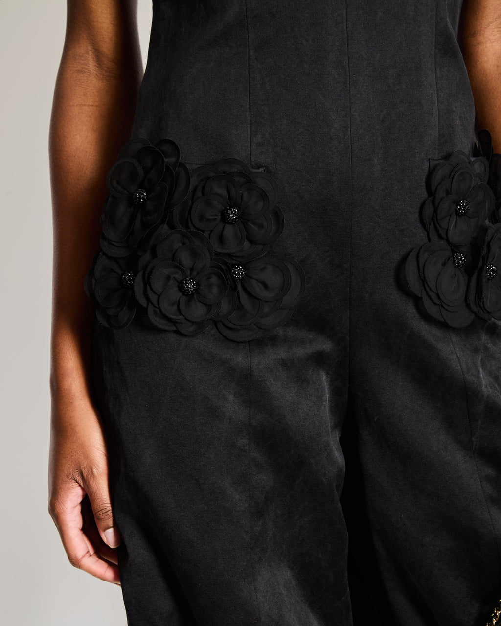 Chanel Fall 2023 Black Strappy Playsuit with 3D Camellia Flower Pocket Detail Size FR 36 (UK 8)