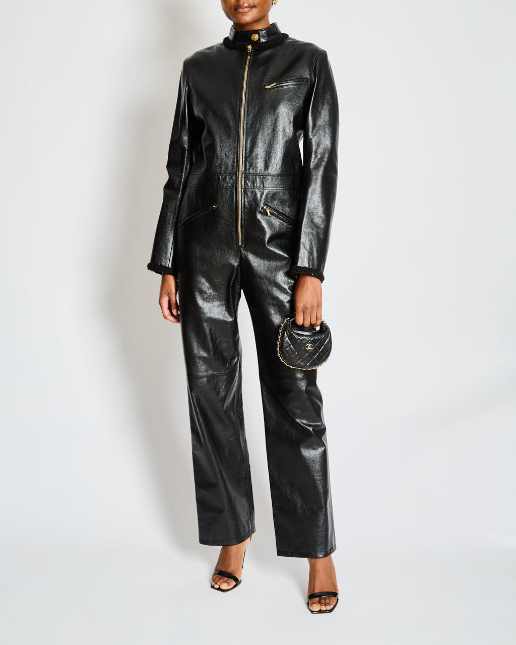 Chanel Pre-Fall 2022  Black Leather Jumpsuit with Gold CC Button and Tweed and Chain Trim Detail Size FR 38 (UK 10)
