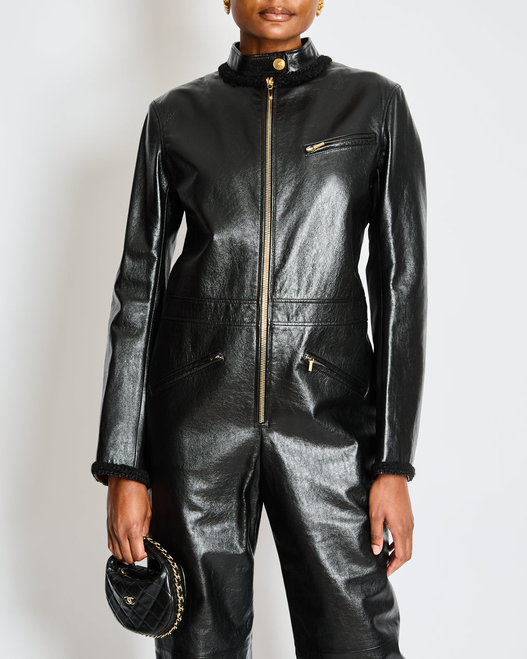Chanel Pre-Fall 2022  Black Leather Jumpsuit with Gold CC Button and Tweed and Chain Trim Detail Size FR 38 (UK 10)