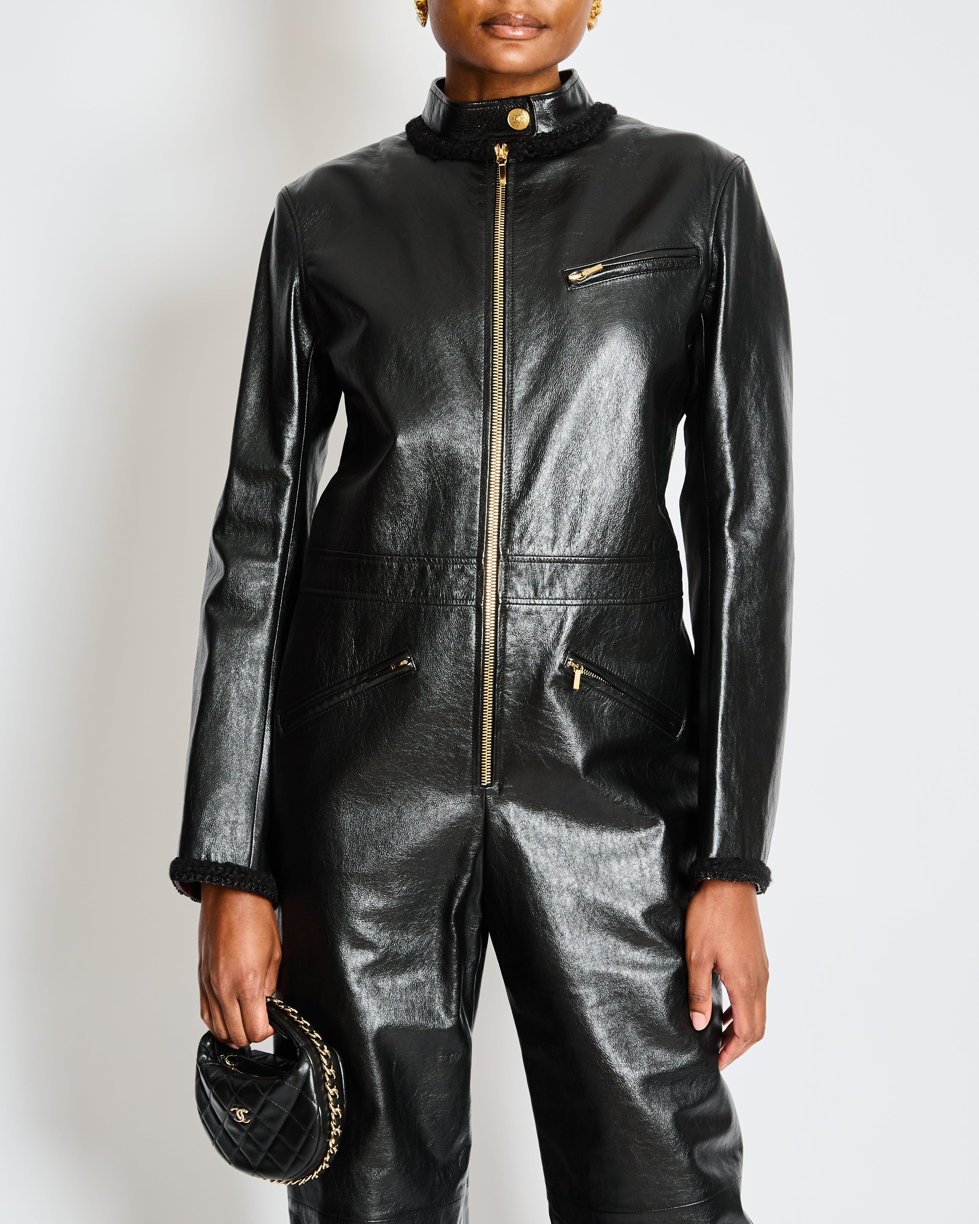Chanel Pre-Fall 2022  Black Leather Jumpsuit with Gold CC Button and Tweed and Chain Trim Detail Size FR 38 (UK 10)