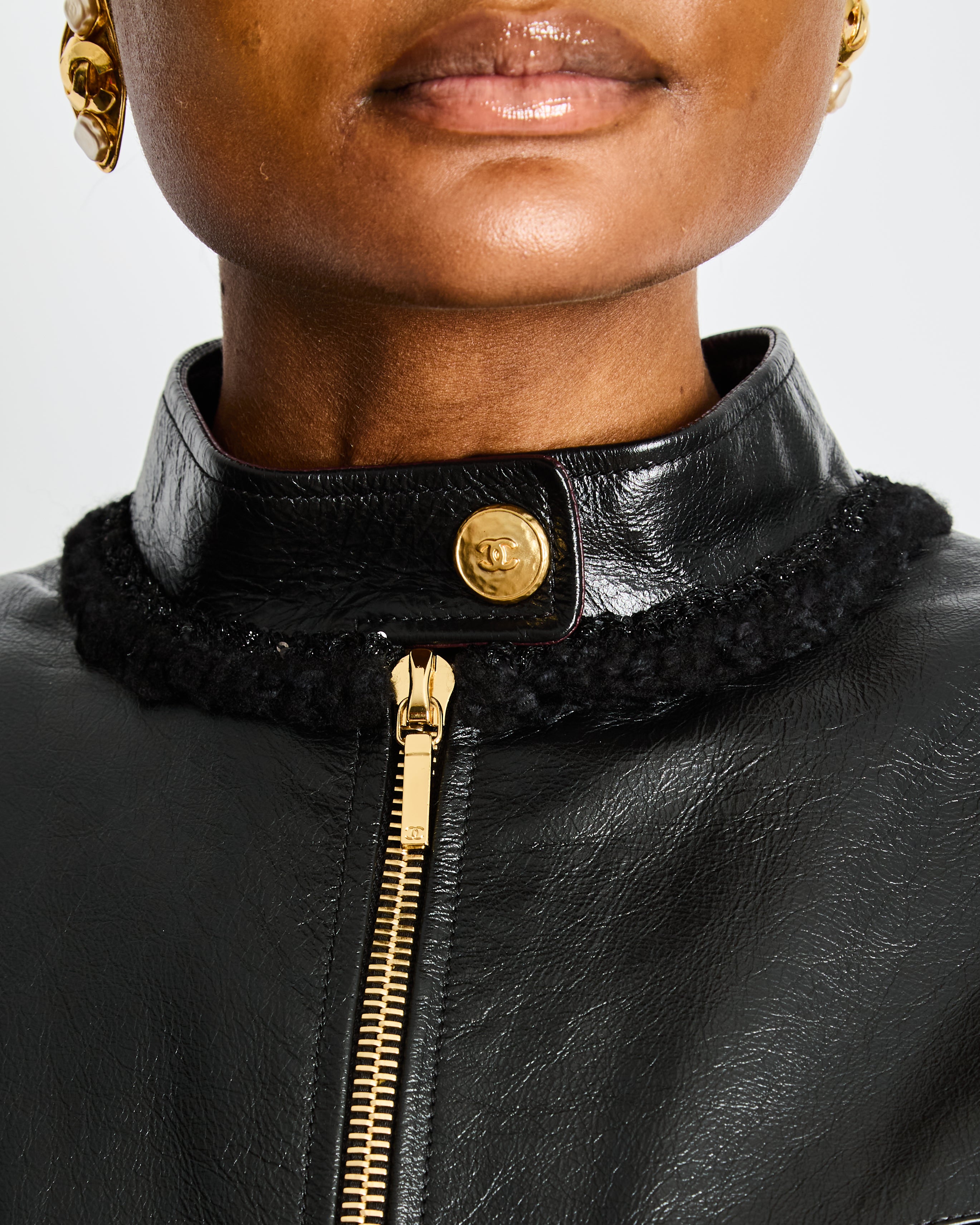 Chanel Pre-Fall 2022  Black Leather Jumpsuit with Gold CC Button and Tweed and Chain Trim Detail Size FR 38 (UK 10)