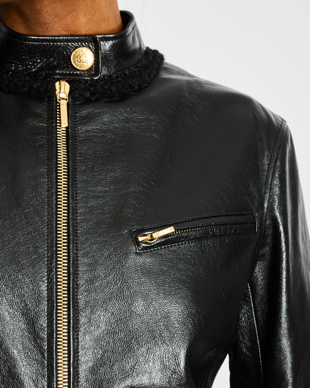 Chanel Pre-Fall 2022  Black Leather Jumpsuit with Gold CC Button and Tweed and Chain Trim Detail Size FR 38 (UK 10)