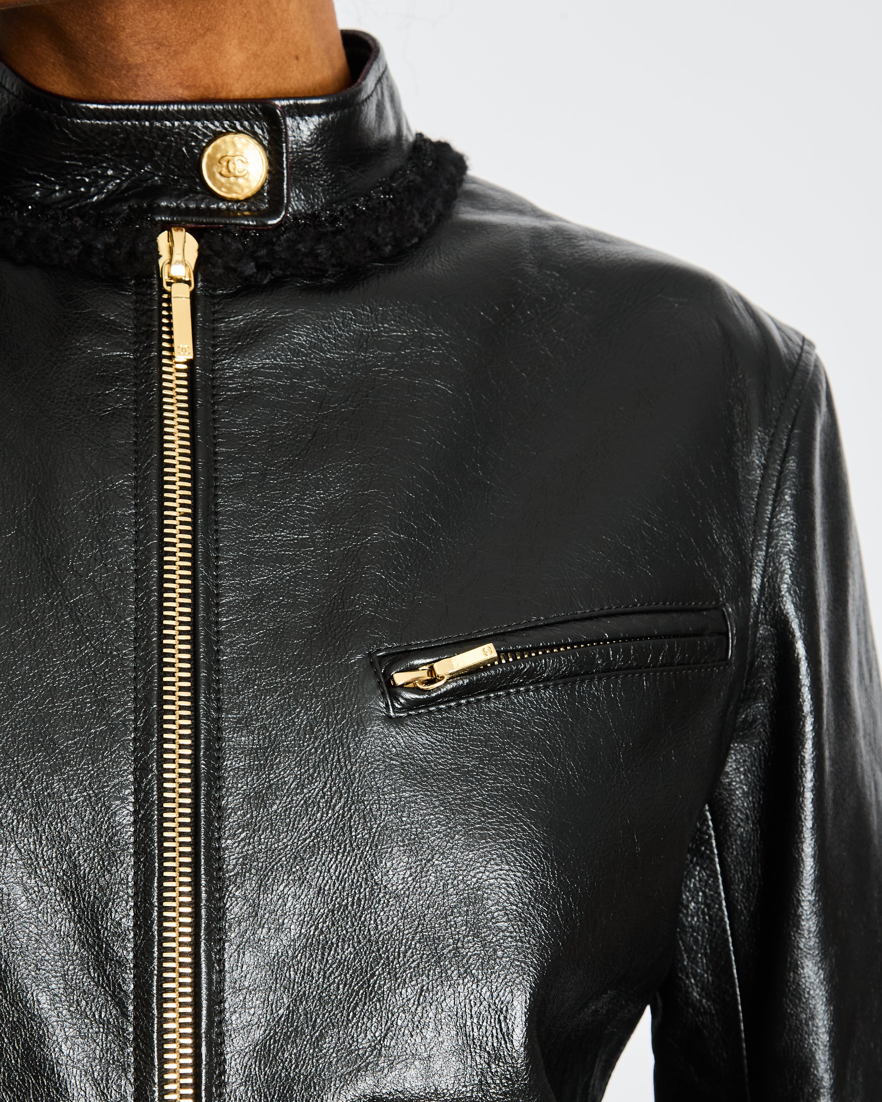 Chanel Pre-Fall 2022  Black Leather Jumpsuit with Gold CC Button and Tweed and Chain Trim Detail Size FR 38 (UK 10)