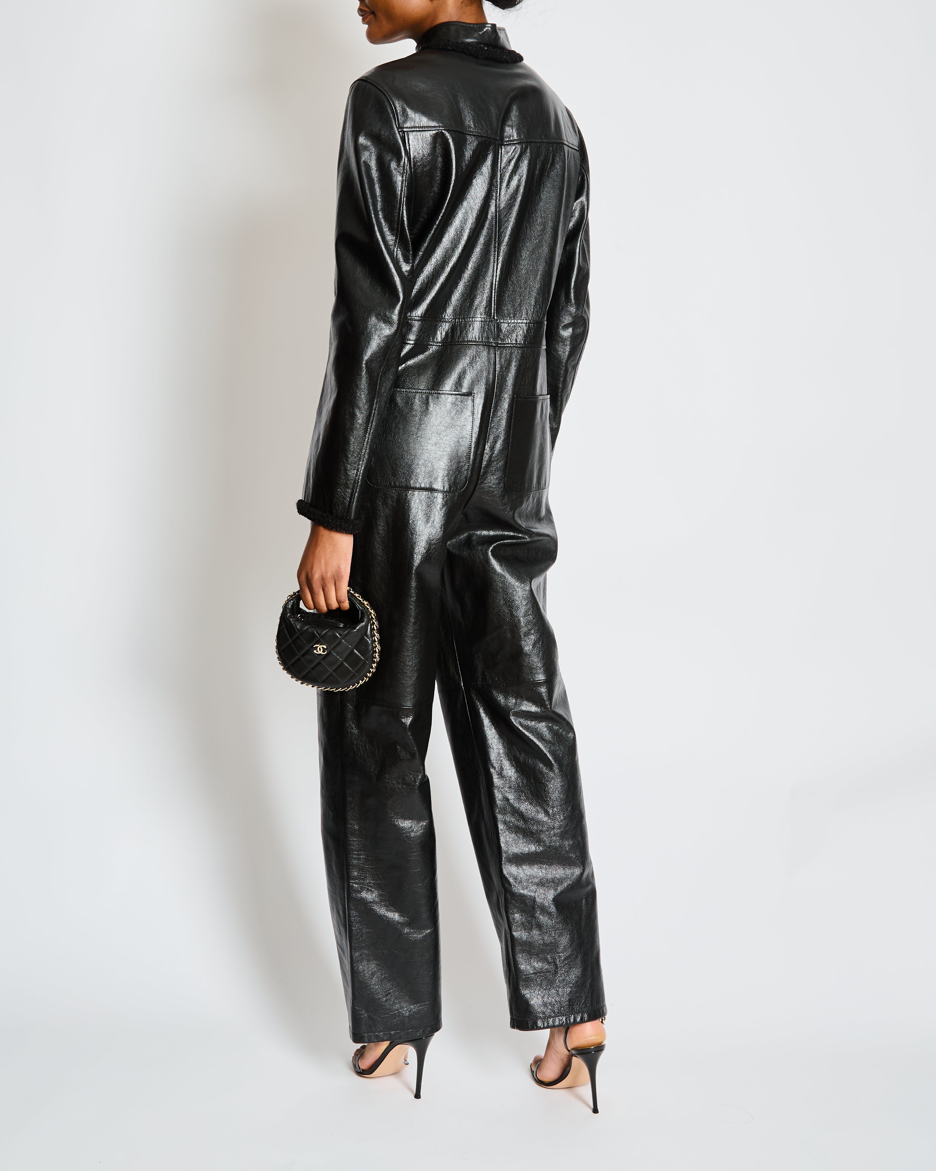 Chanel Pre-Fall 2022  Black Leather Jumpsuit with Gold CC Button and Tweed and Chain Trim Detail Size FR 38 (UK 10)