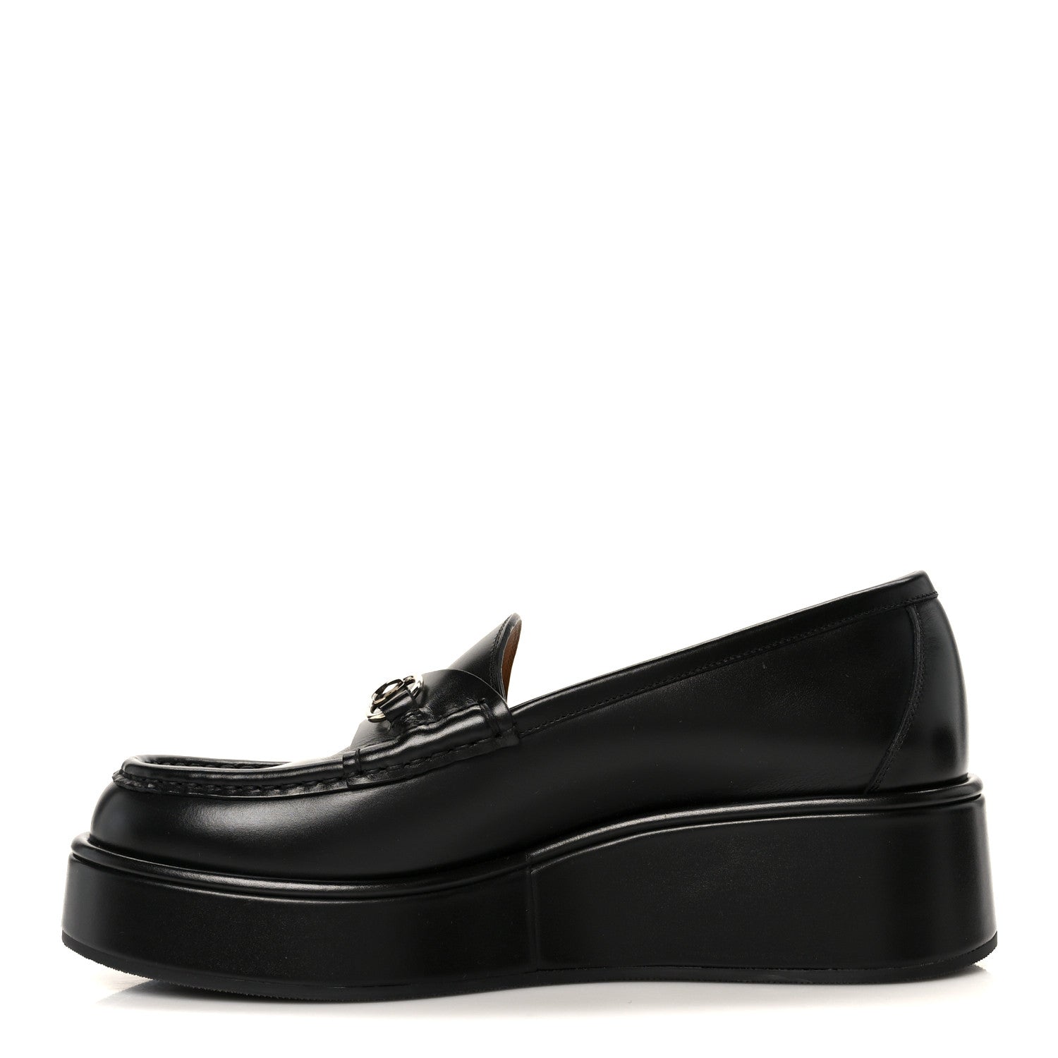 Gucci Kama Calfskin Horsebit Womens Wedge Platform Loafers 38.5 Black