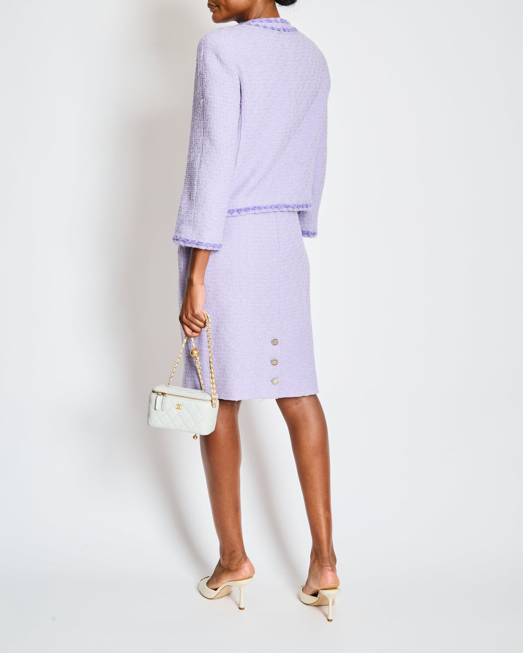 Chanel 98/A Lavender Two Piece Tweed Set with CC Button Detail Size FR 44 (UK 16)