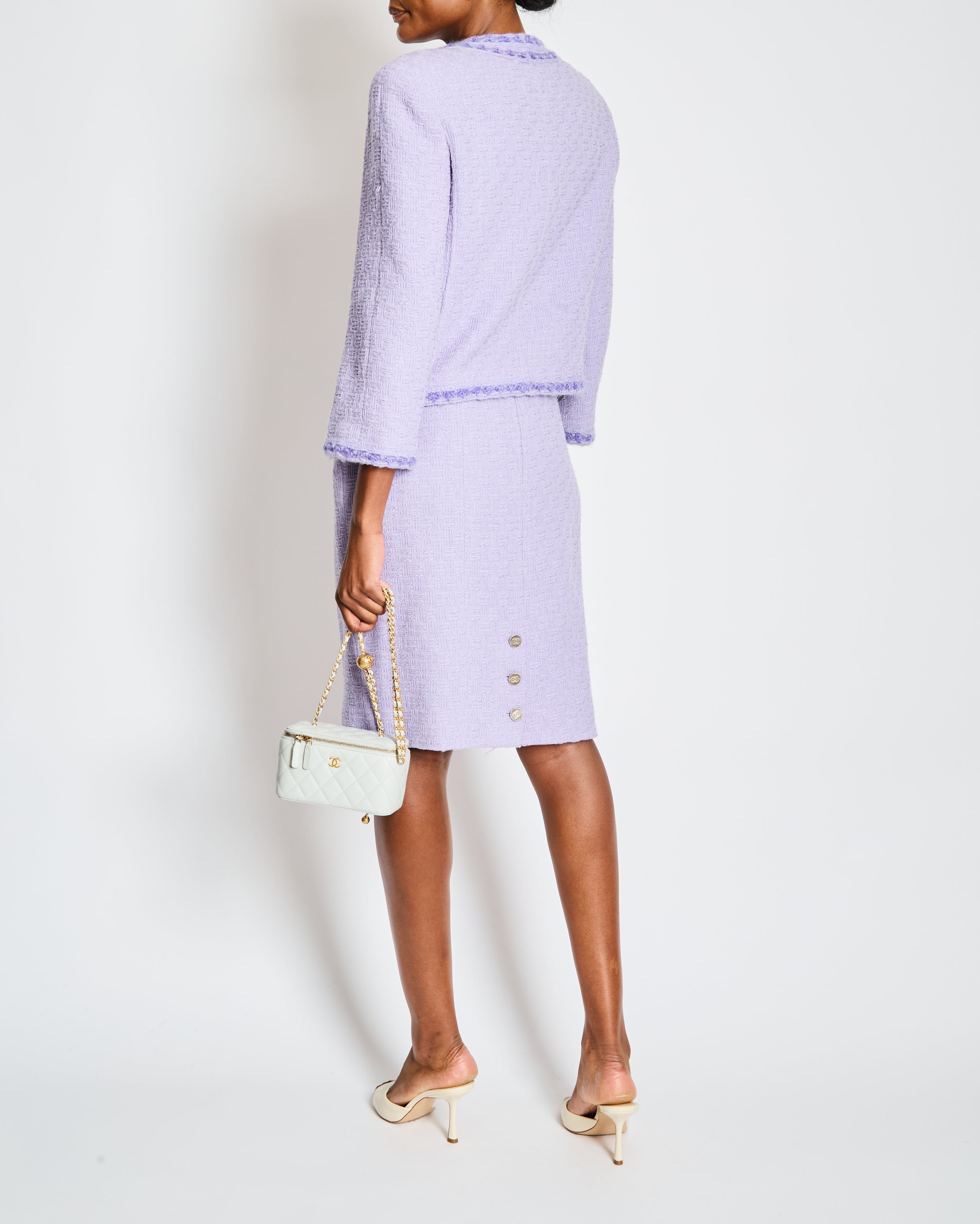 Chanel 98/A Lavender Two Piece Tweed Set with CC Button Detail Size FR 44 (UK 16)