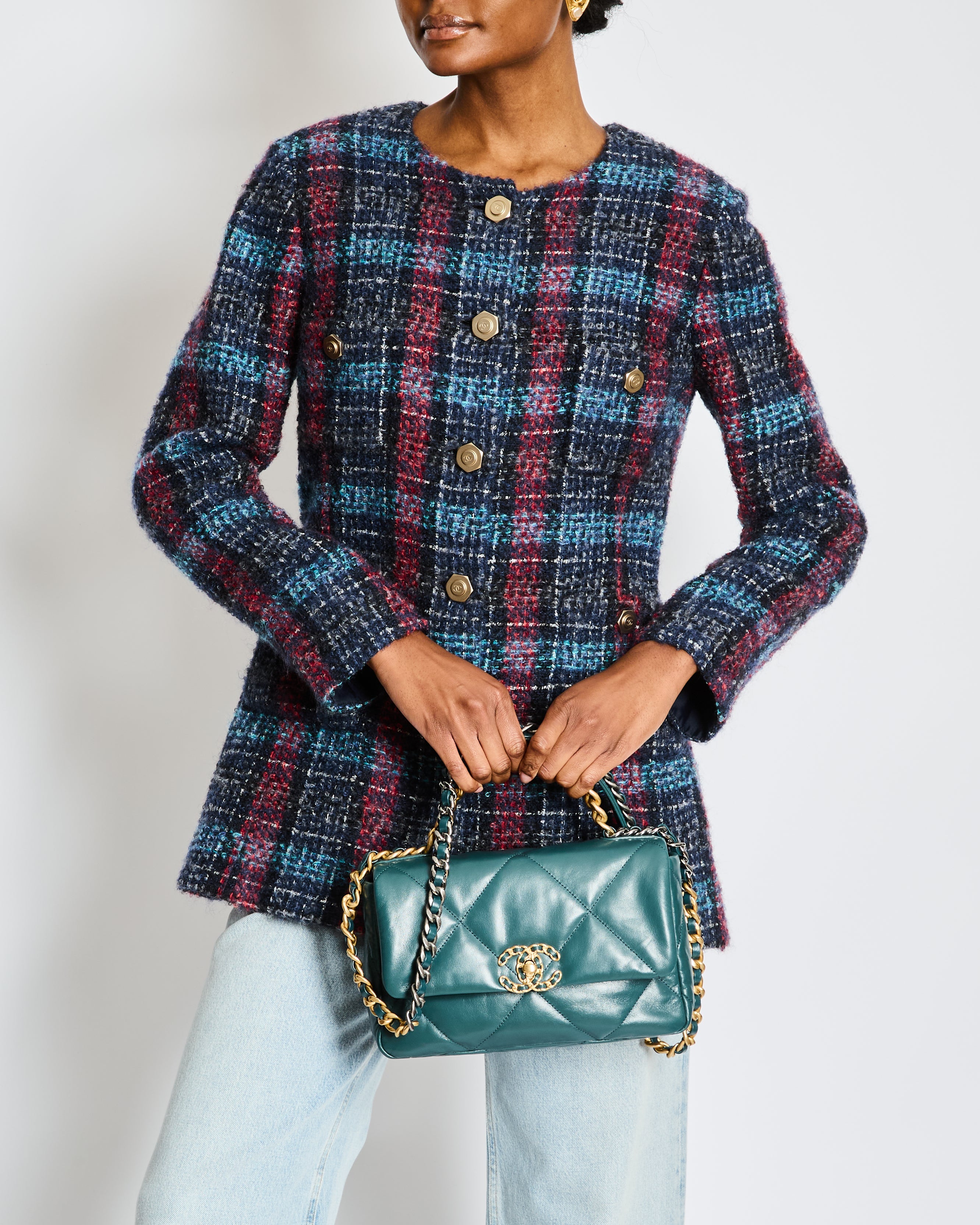 Chanel Navy Paris/Hamburg 2018 Métiers d'art Lesage Tweed Collarless Jacket Size FR 42 (UK 14)