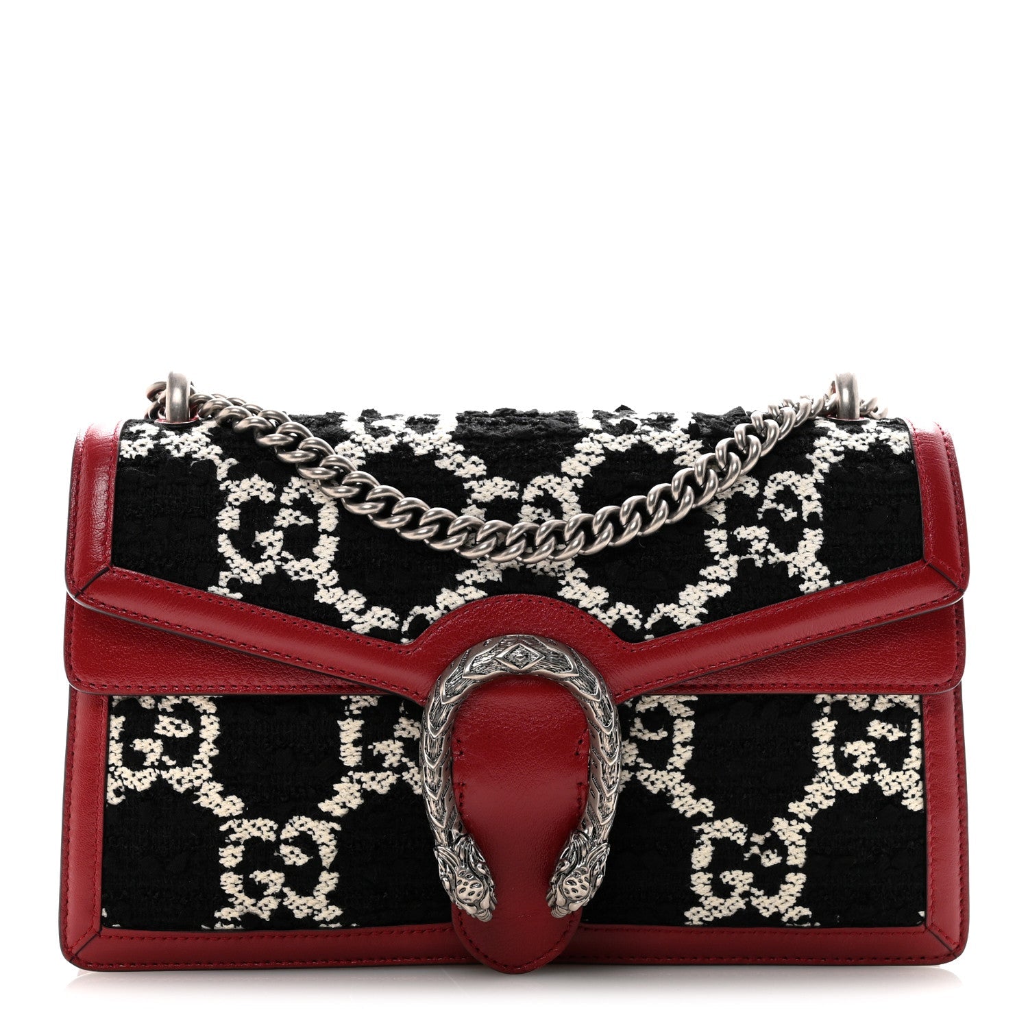 Gucci Tweed GG Monogram Small Dionysus Shoulder Bag Black White Romantic Cherry